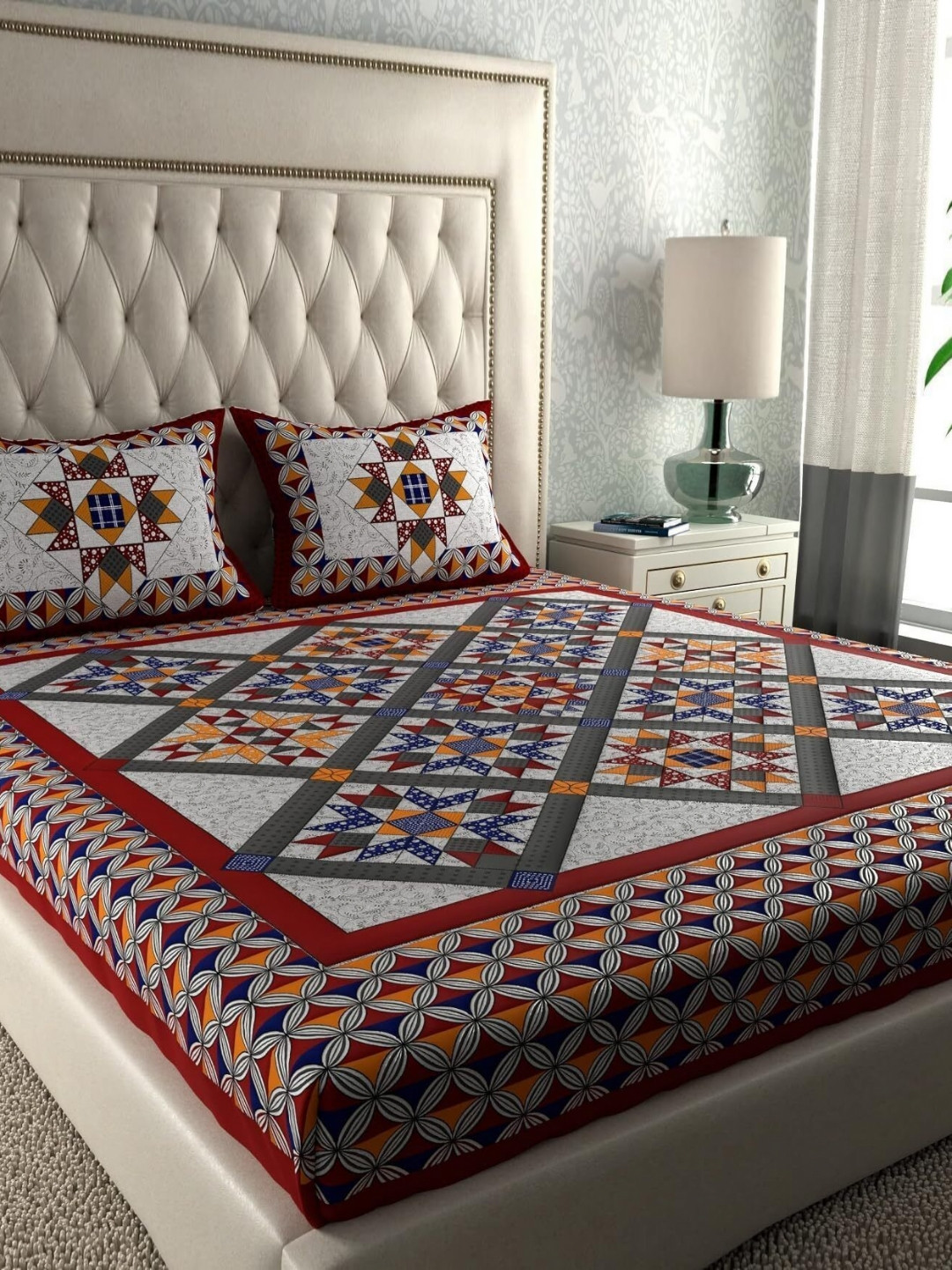 Cotton Choice White & Maroon Cotton 180 TC King Bedsheets Set-2.15 m x 2.35 m