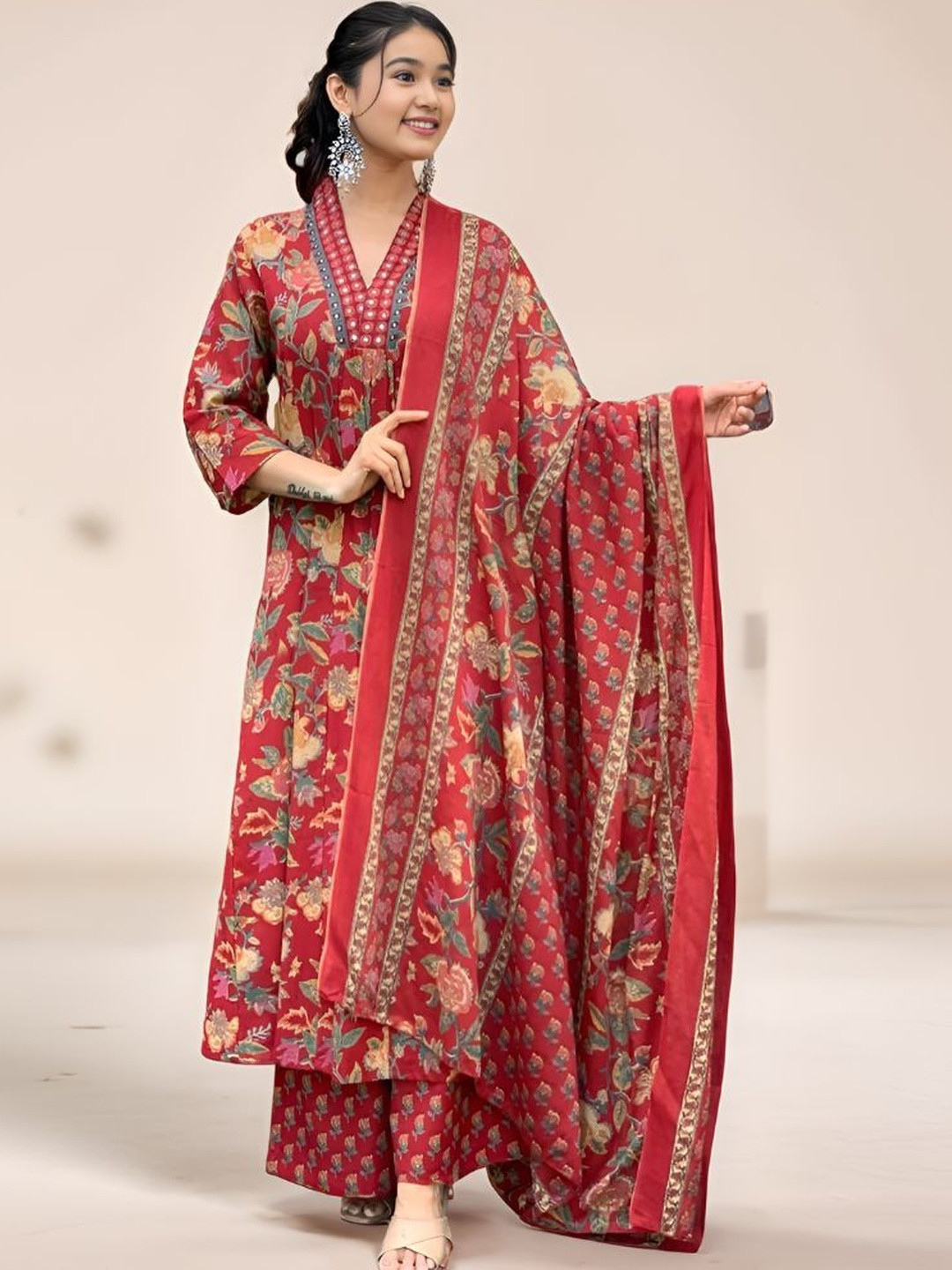 Aarya Designer Girls Floral Printed Anarkali Kurti with Palazzo & Dupatta