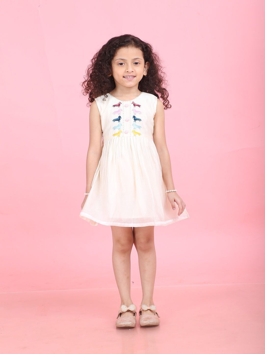 Vivedkids Girls Graphic Embroidered Round Neck Above Knee Belted A-Line Dress