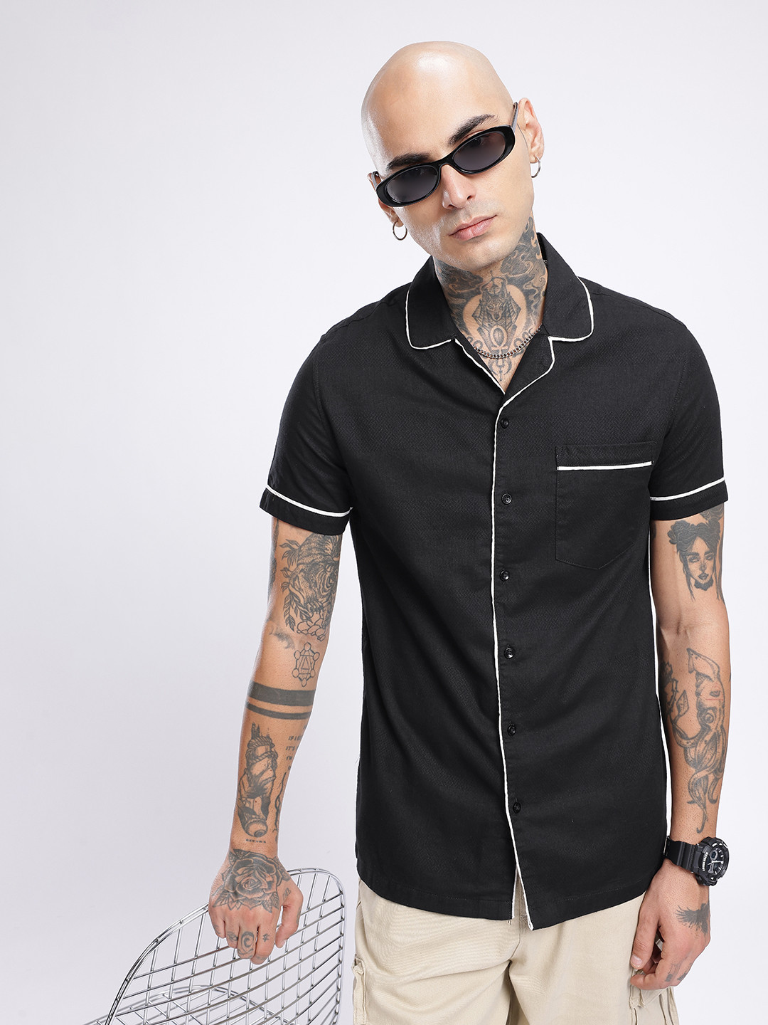 glitchez Textured Contrast Piping Detail Casual Shirt