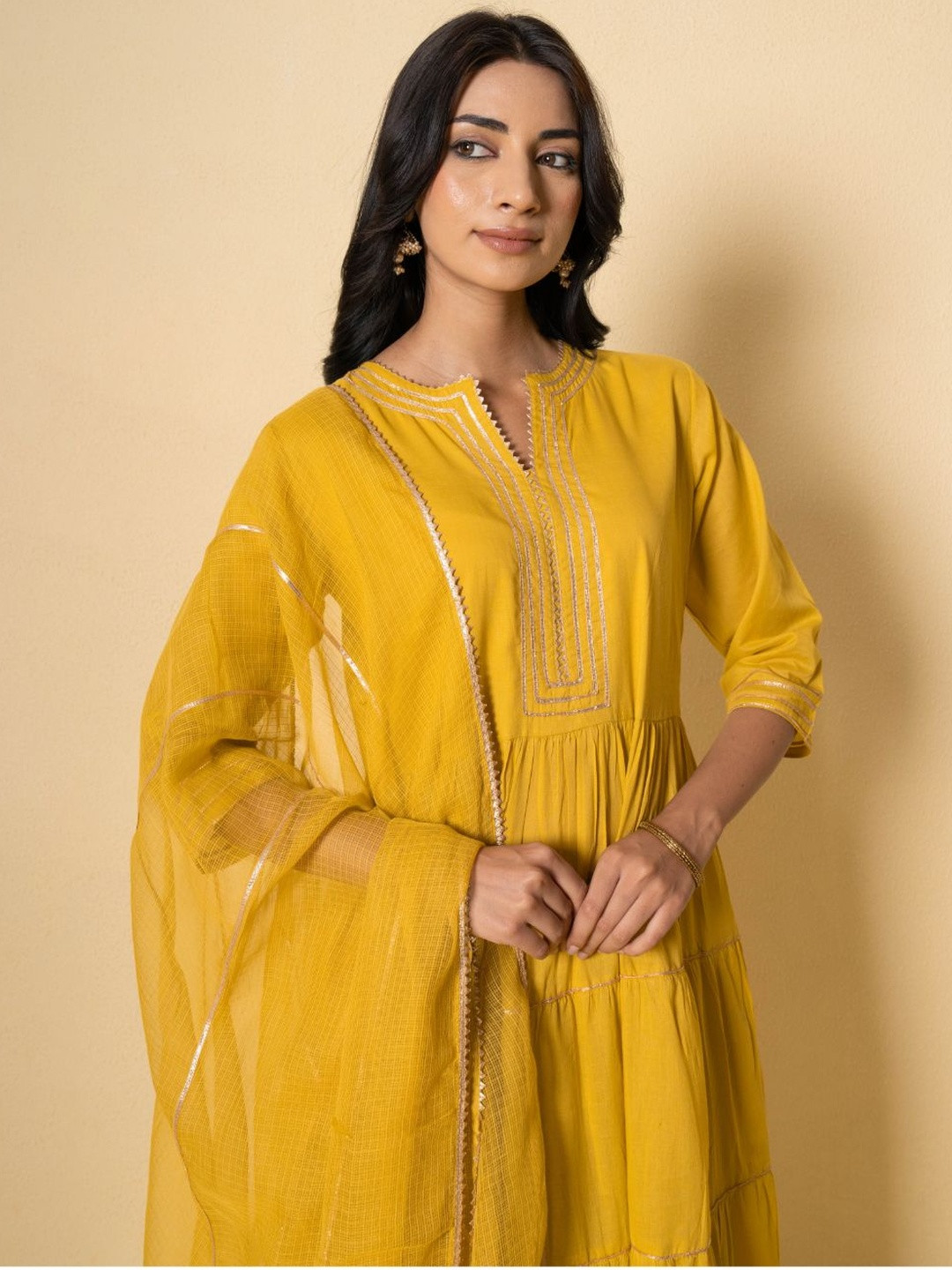 Pink Earth Tiered Gotta Patti Pure Cotton Kurta With Trousers & With Dupatta