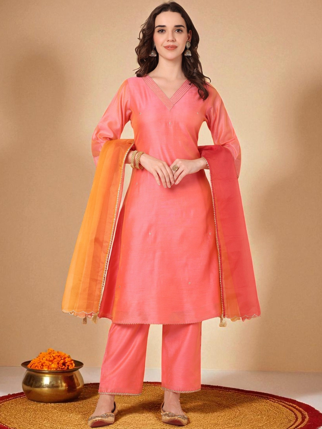 Azira Women V-Neck Zari Chanderi Silk Kurta with Palazzos & Dupatta