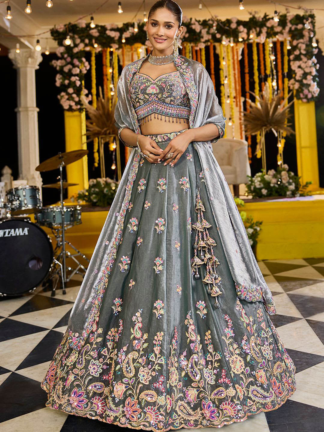 panchhi Green- Tissue Embroidered Sequinned Ready To Wear Lehenga & Blouse With Dupatta