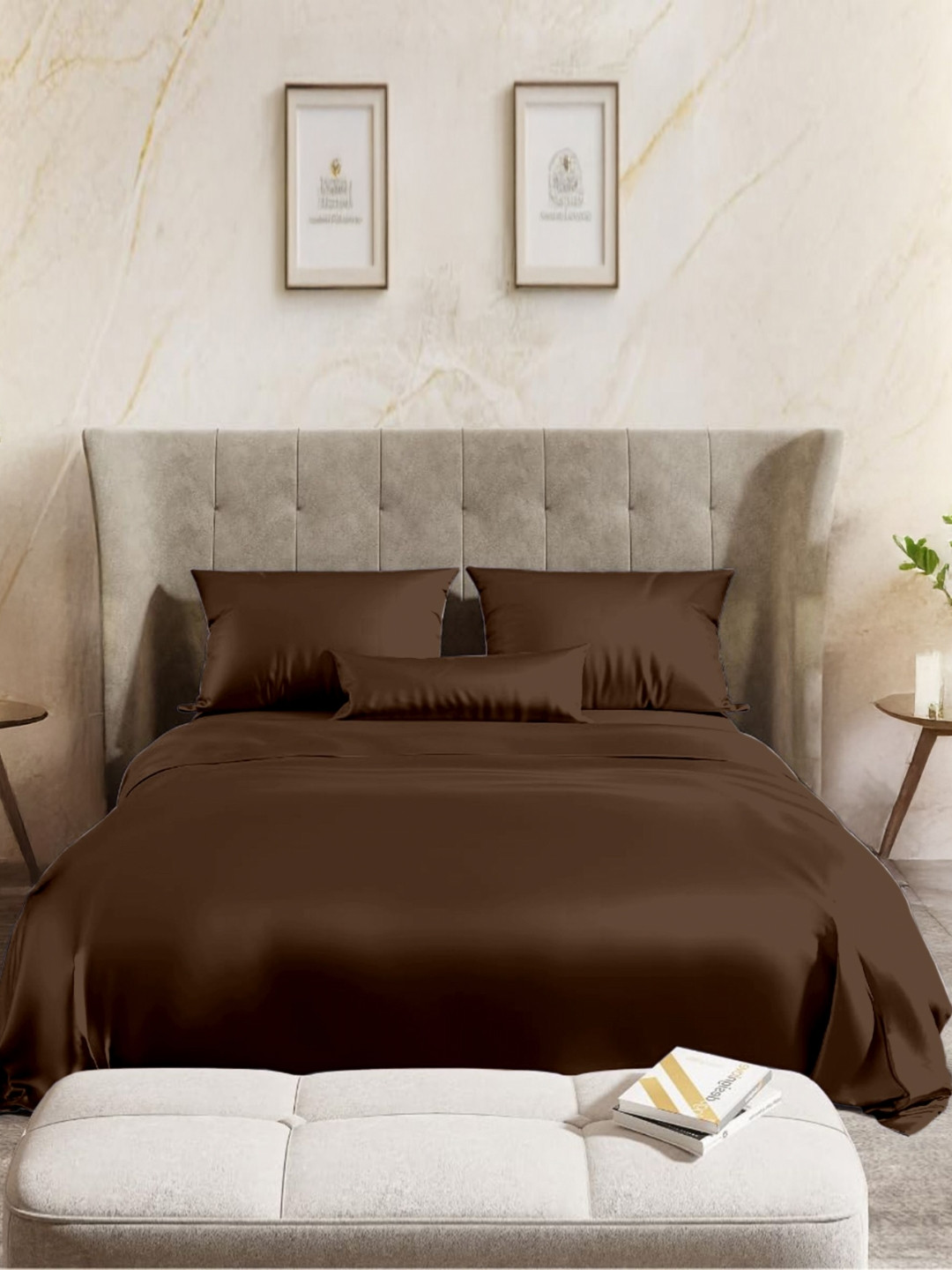 BED LINEN Brown Satin 144 TC Queen Bedsheet Set 2.54 m x 2.28 m