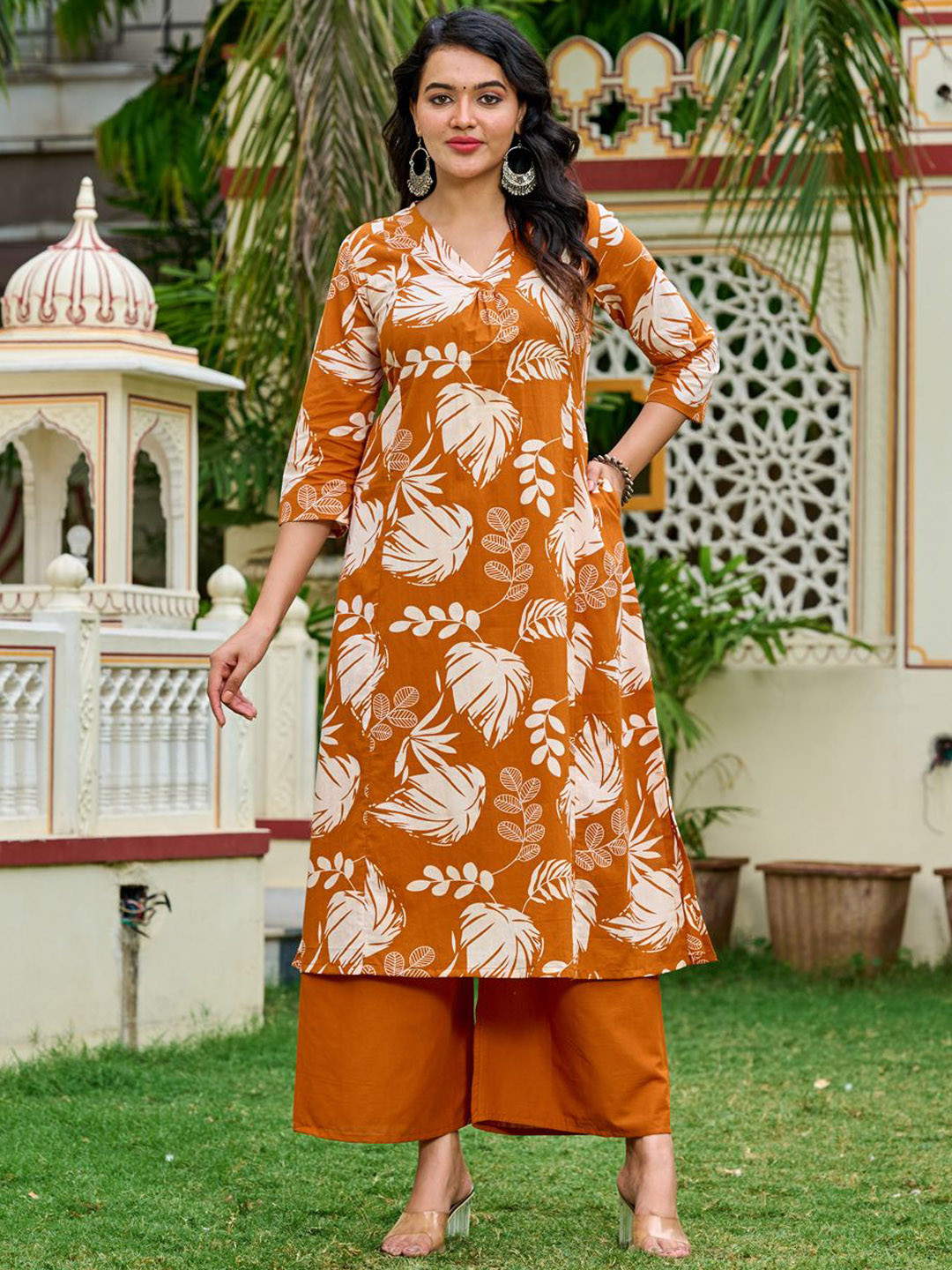 KEIYONA Rust Brown Printed Tunic with Solid Trousers Co-Ords