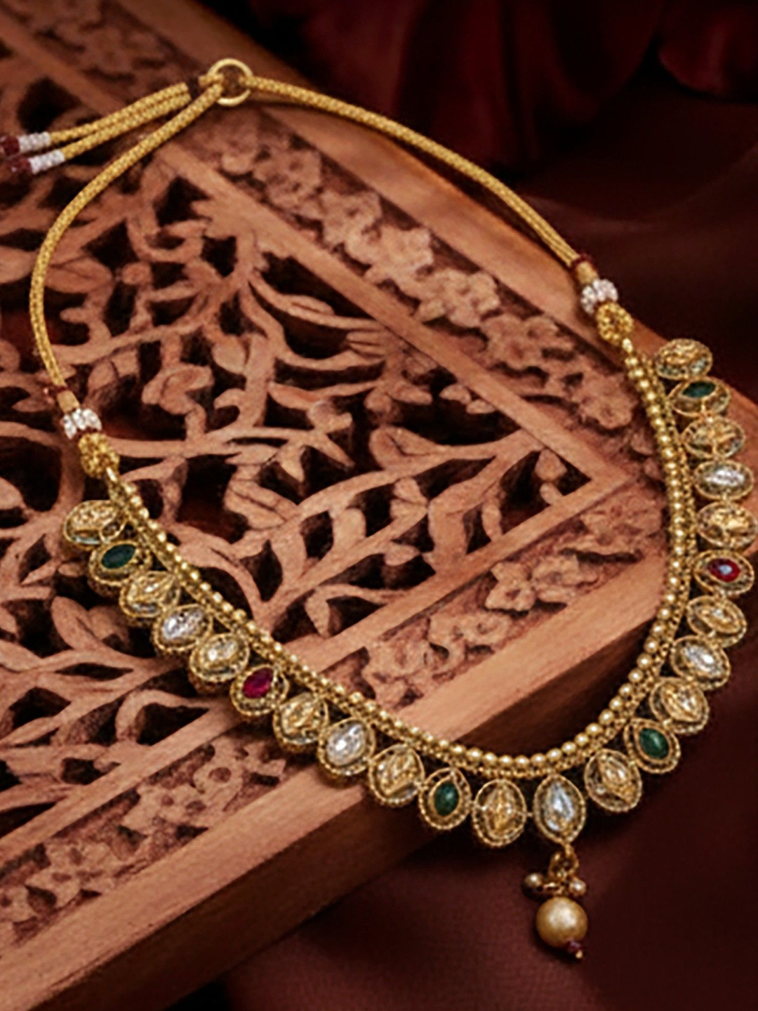 SOLLIGHT Gold-Plated Cubic Zirconia And Ruby Studded & Beaded Necklace With Earrings
