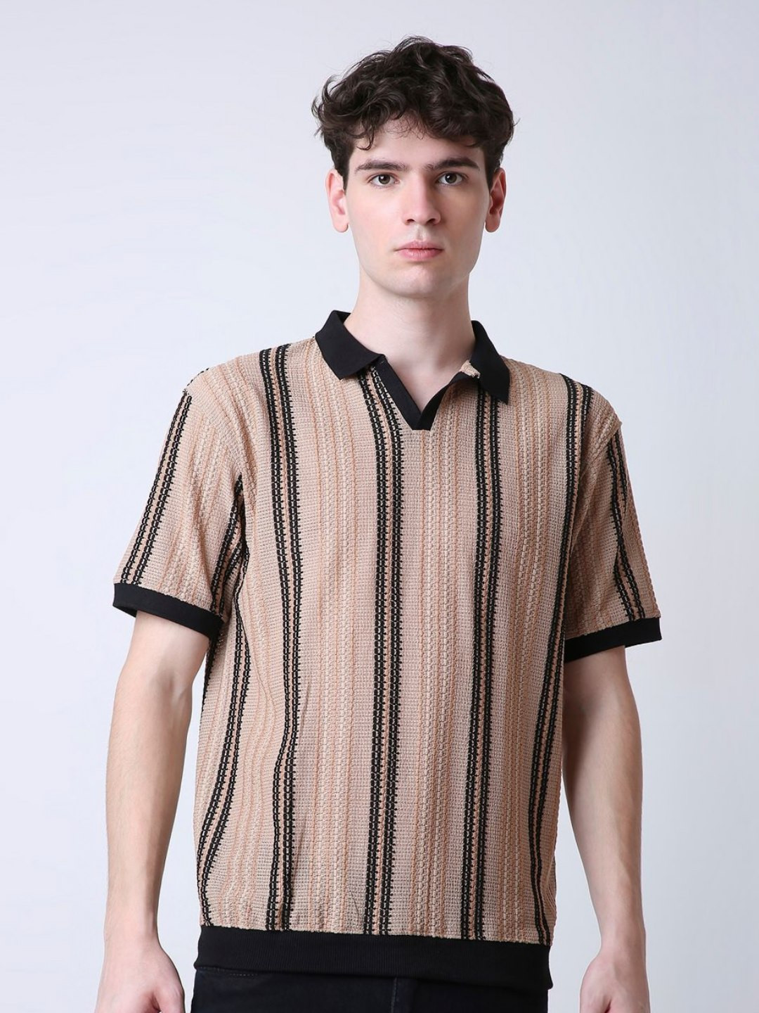 Blnk Self Design Polo Collar Relaxed Fit T-Shirt