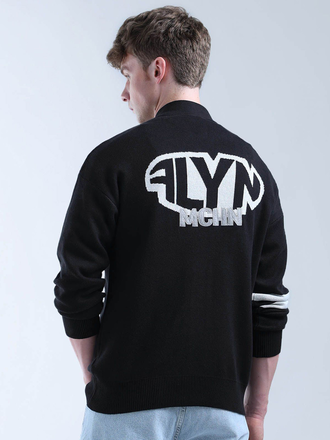 Flying Machine Men Alphanumeric Printed V-Neck Long Sleeves Cardigan Sweaters