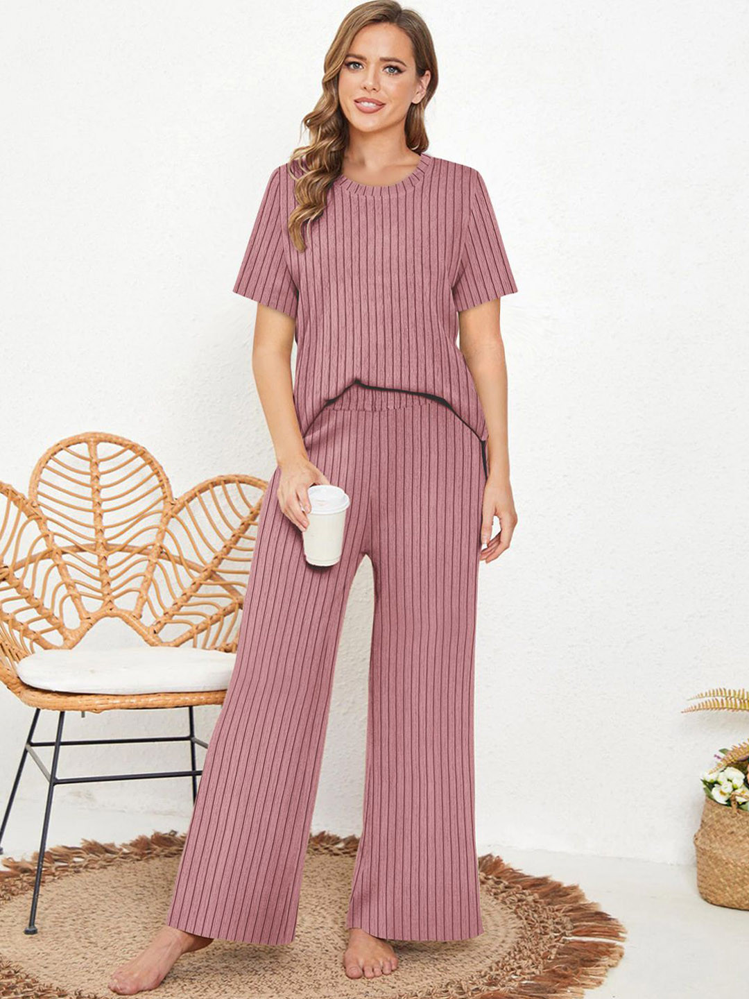 BAESD Striped Ribbed Round Neck T-Shirt & Wide Leg Trouser
