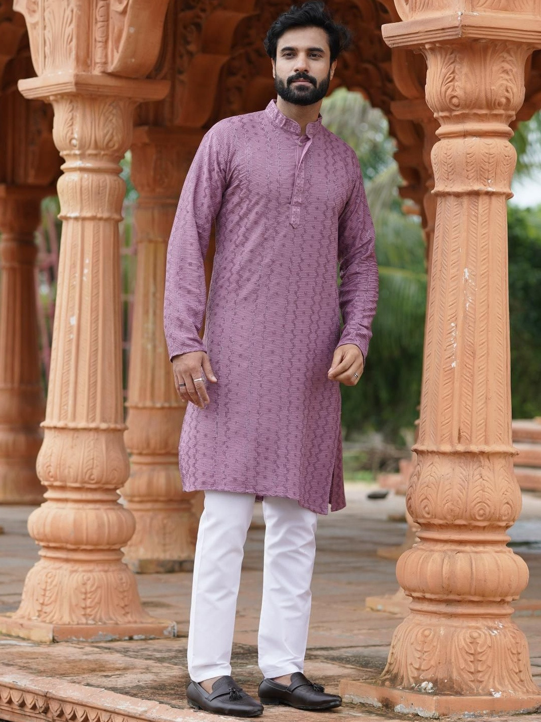 INDIROOP Men Chikankari Embroidered and Sequin Work Kurta with Pyjamas