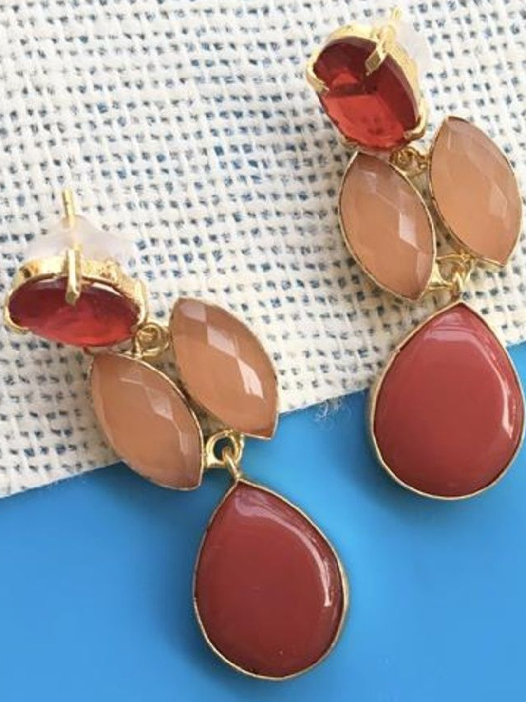 Bliss By Takshvi Brass-Plated Stones Studded And Beaded Teardrop Drop Earrings