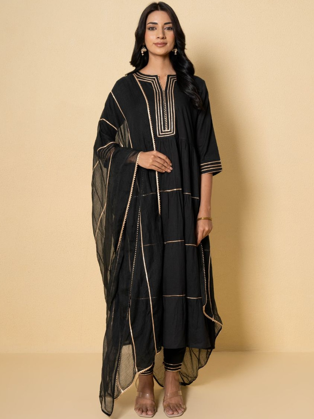 Pink Earth Women Tiered Gota Patti Pure Cotton Kurta with Trousers & Dupatta