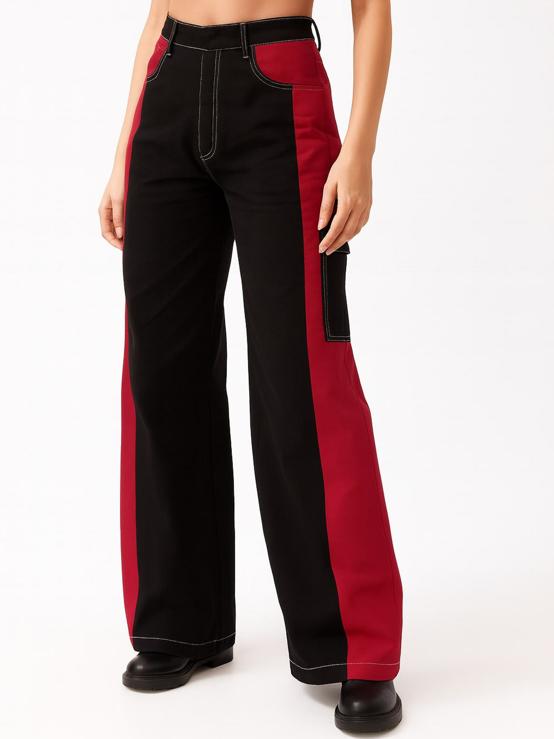 Pookiie Women Colourblocked Relaxed Straight Leg Straight Fit Mid-Rise Easy Wash Trousers