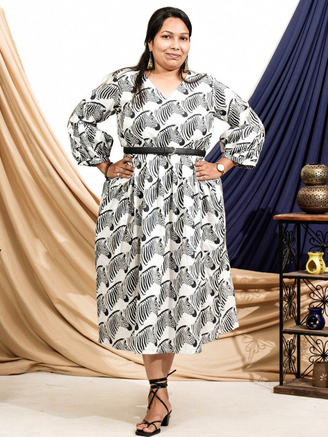 One House Women Plus Size Animal Printed Puff Sleeve Fit & Flare Midi Dress