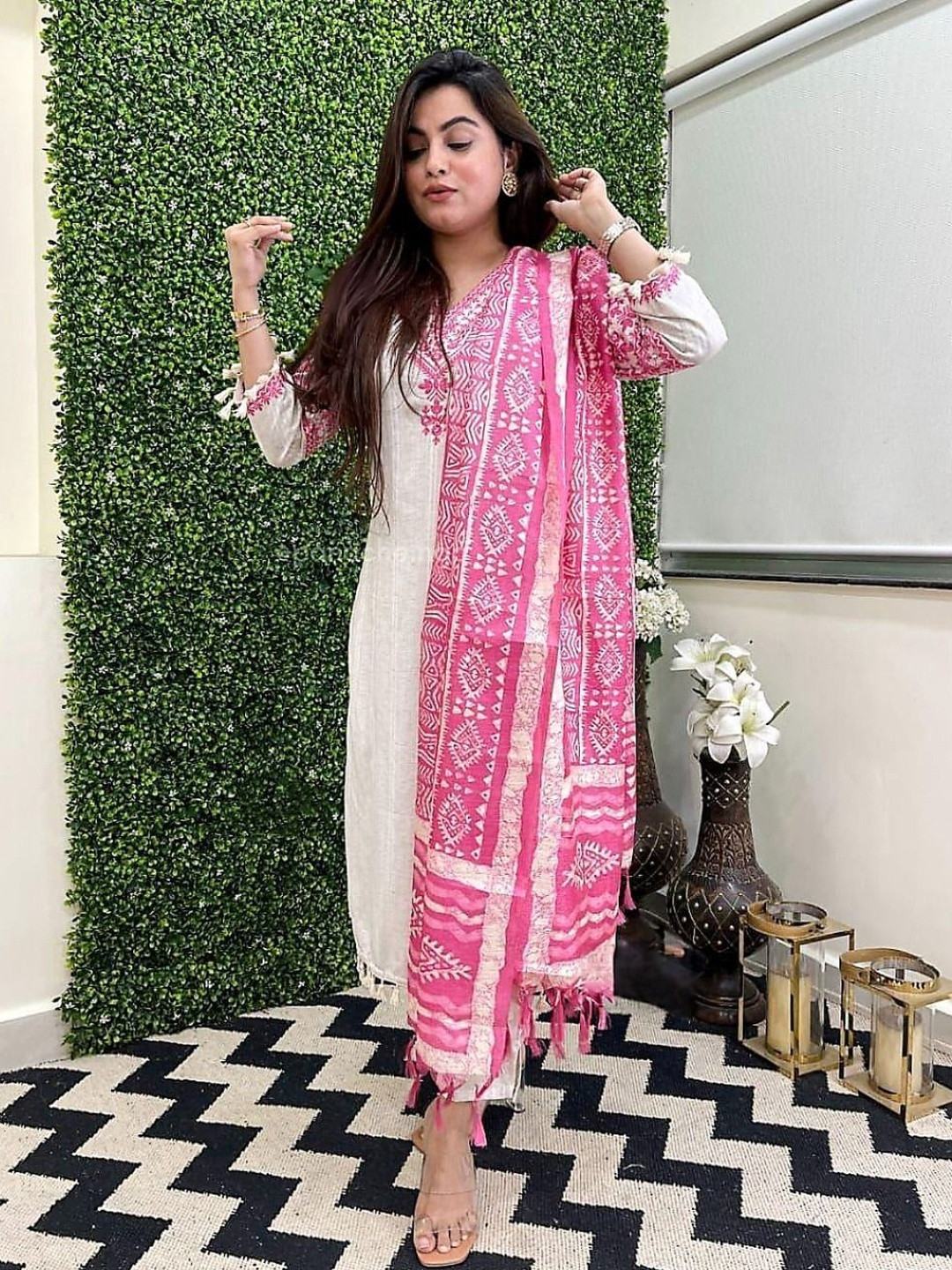 MILAAV Ethnic Motifs Embroidered Thread Work Cotton Kurta With Trousers & Dupatta