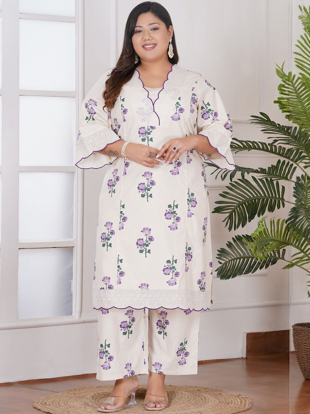 Bani Women Plus Size Purple Floral Printed Pure Cotton Straight Kurta with Trouser Set