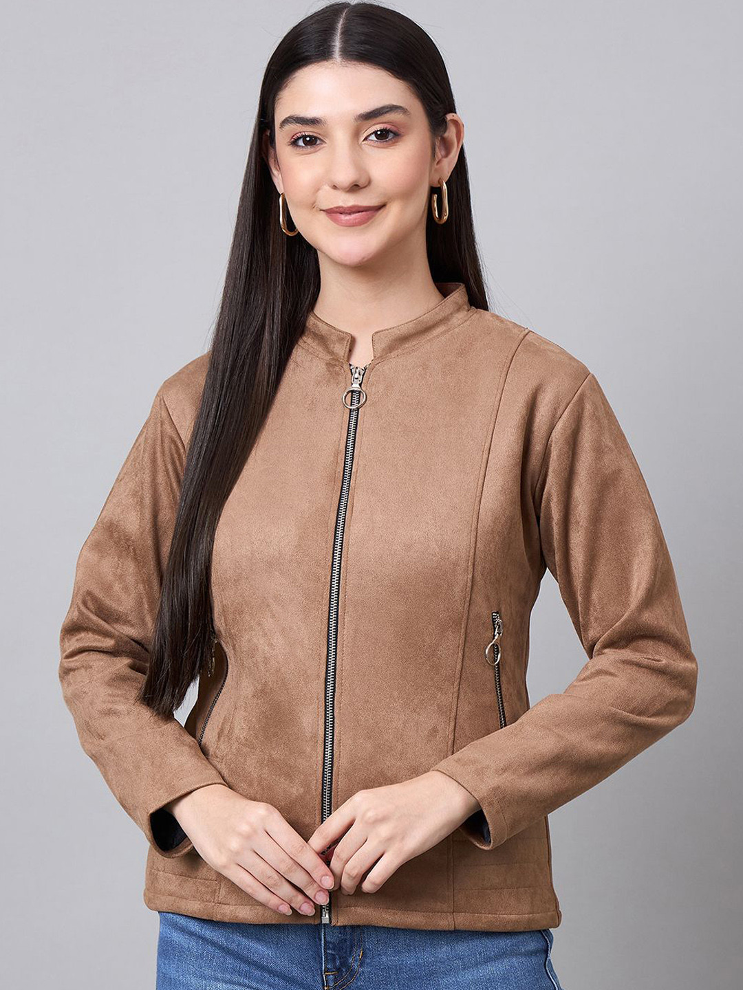 Spink Mandarin Collar Suede Lightweight Biker Jacket