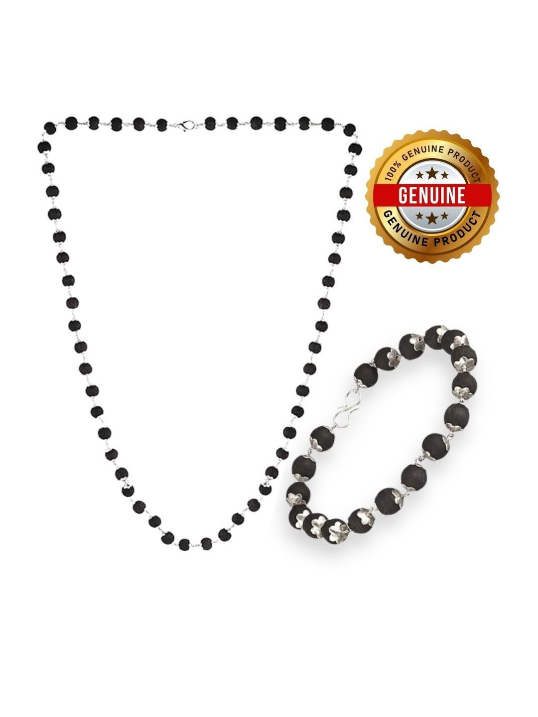 VIBESLE Unisex Black Silver-Plated Karungali Mala & Bracelet
