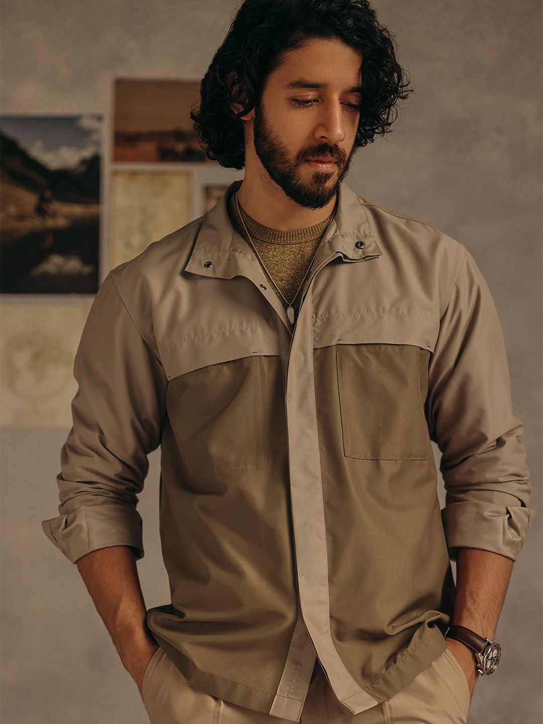 Andamen Men Solid Relaxed Fit Shacket with Mandarin Collar & Pocket Detail