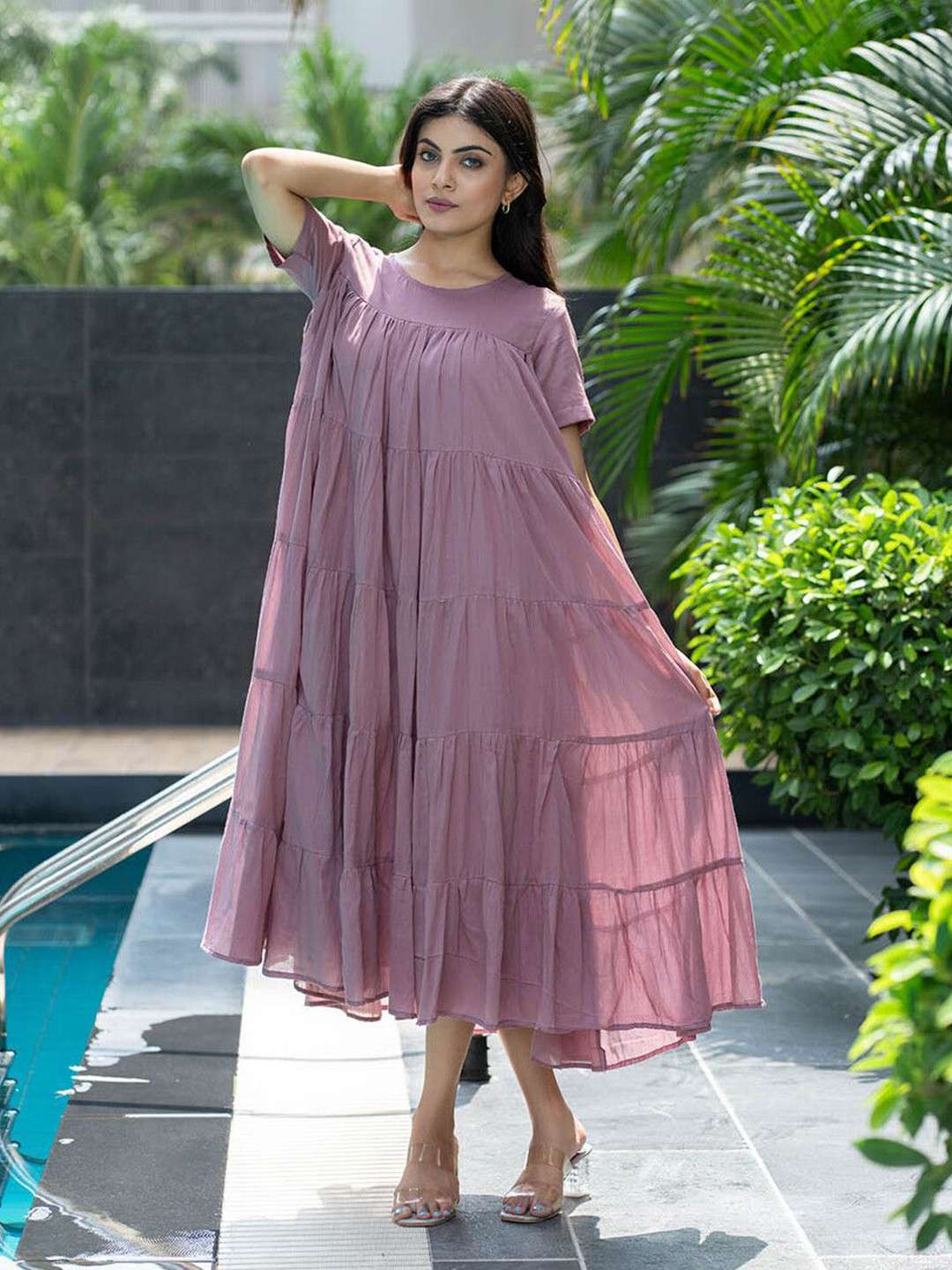 In Your Dreams Women Round Neck Tiered Pleated Detail Empire Maxi Dress