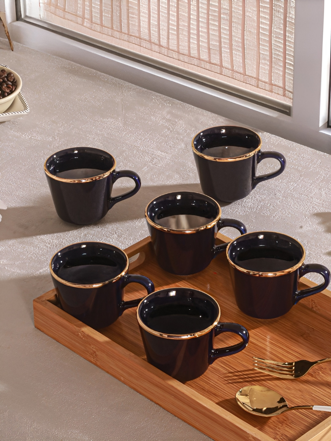 Troveas  6 Piece Navy Blue & Gold-Toned Porcelain Glossy Ceramic Cup & Mug 160 ml