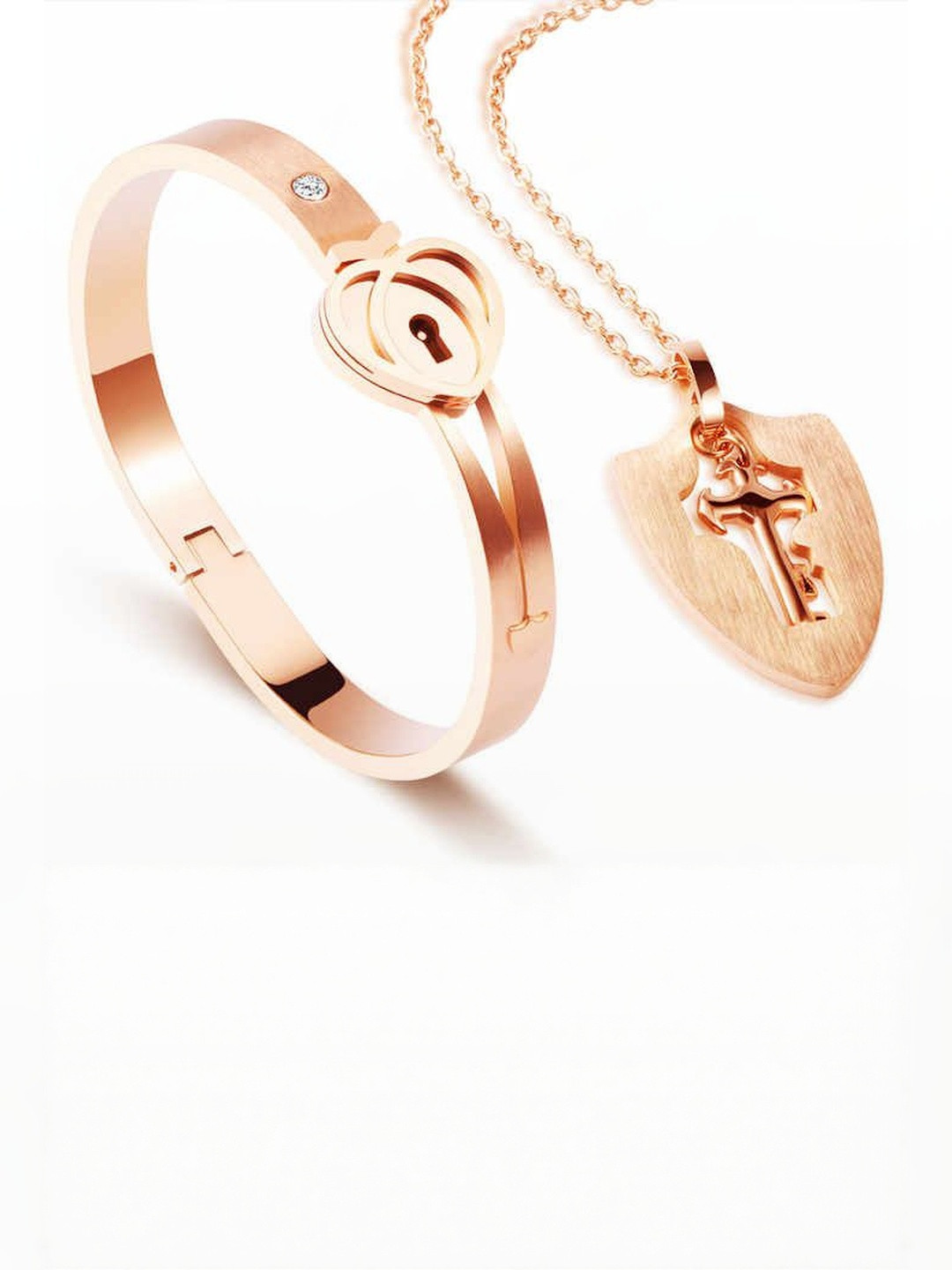 DZOIR Men Rose Gold Alloy Lock & Key Necklace & Bracelet Jewellery Set