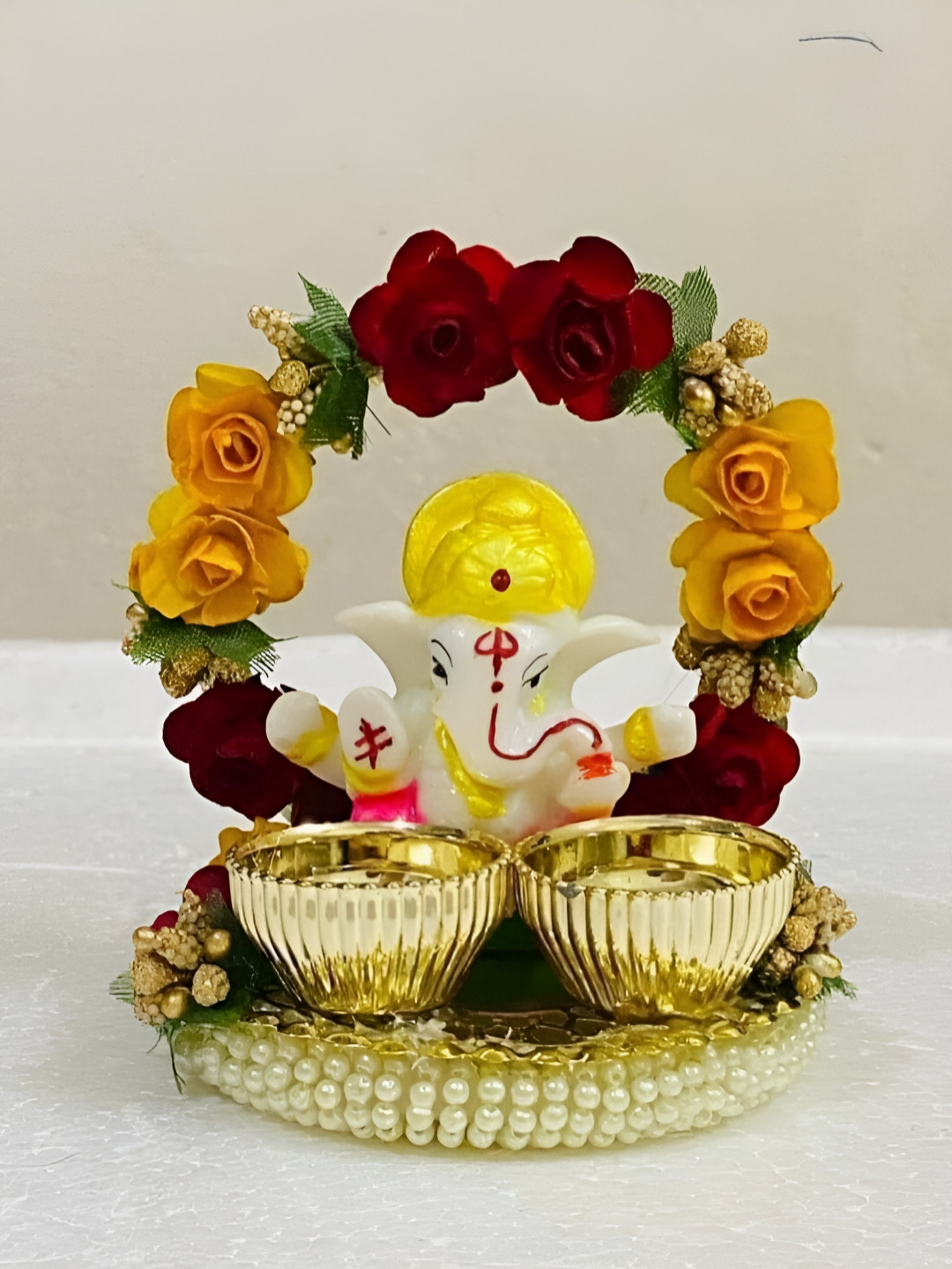Sellplus Yellow & White Decorative Ganesh Jii With Flower KumKum With Chawal Holder
