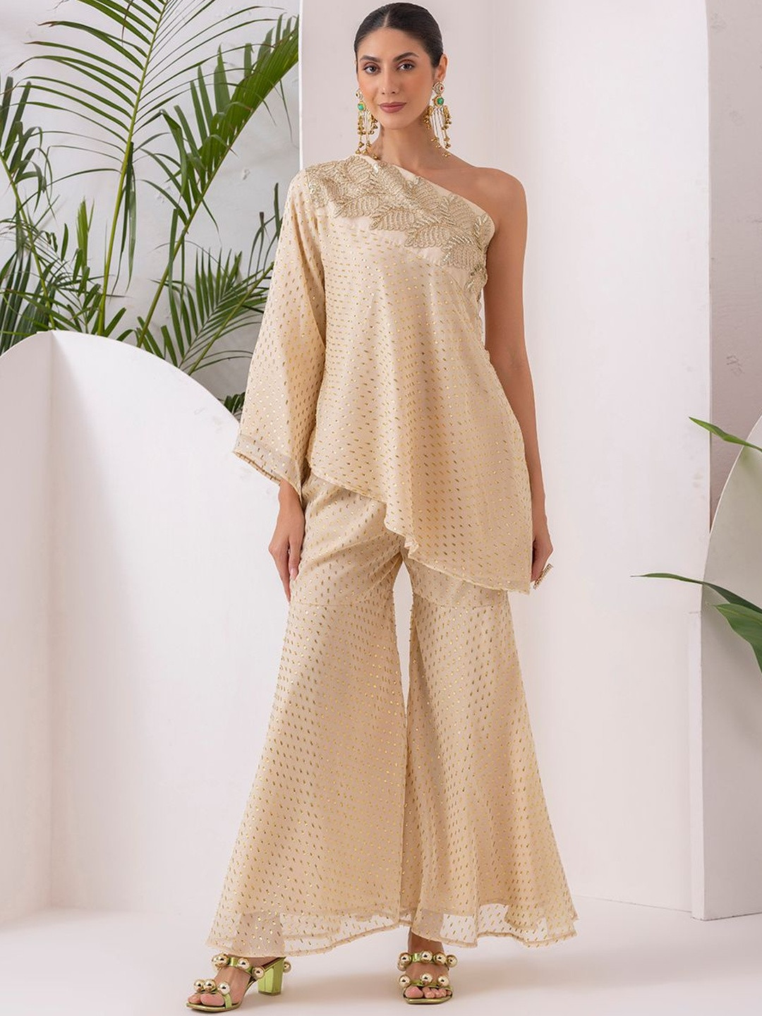 SEW Textured Self Design Sequinned off-shoulder Kurta With Trousers