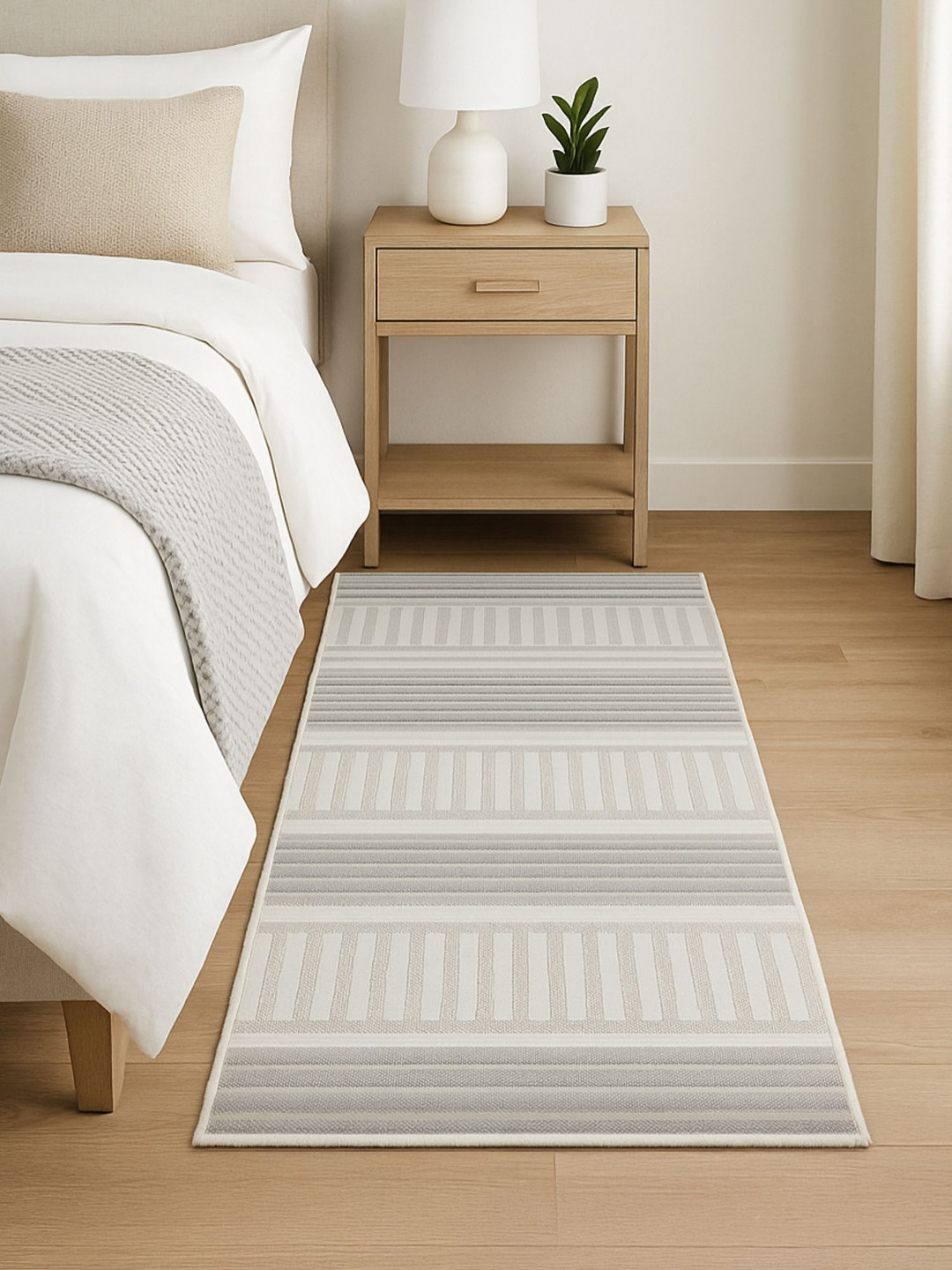 OBSESSIONS Beige & Grey Striped Water-Repellant Ecological Resilient Bedside Runner