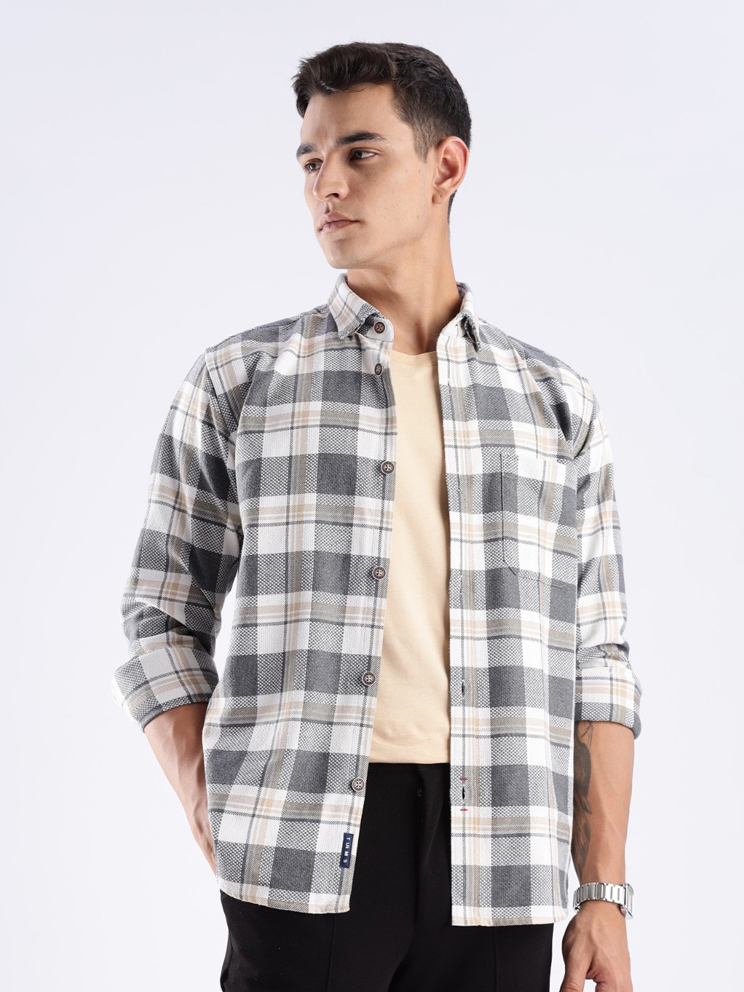 TURMS Men Casual Checks Cotton Odor Control Moisture Wicking Cool Tech Shirt