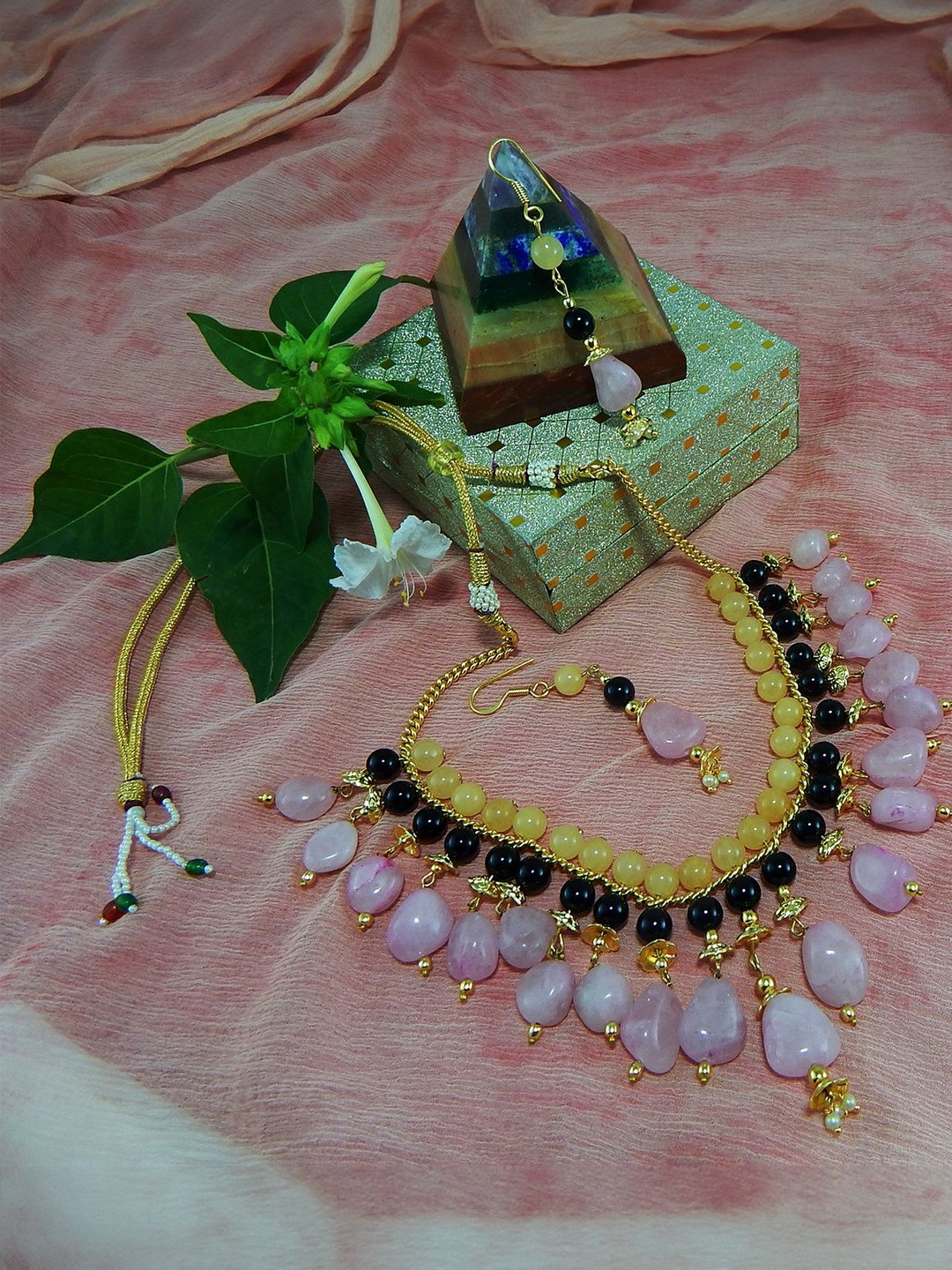 Jaya Vision Jewelry Women Gemstone Rose Quartz Tumble & Stone Beads Necklace and Earrings