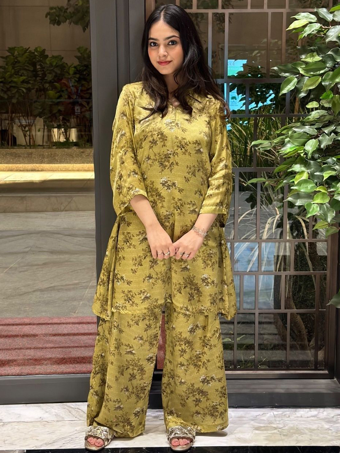 Akaya Printed V-Neck Satin Tunic With Palazzos