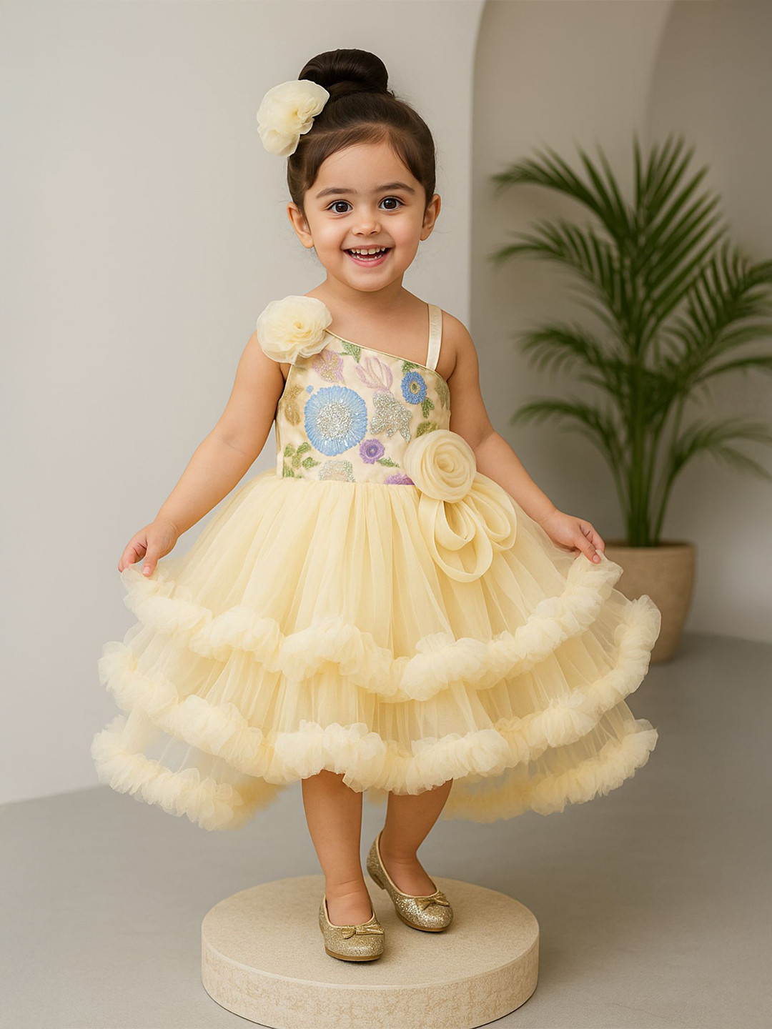 Lagorii Girls Yellow Embroidered Ruffle Party Frock with Floral Accents