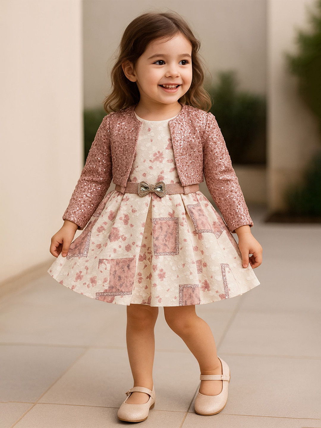 Lagorii Girls Pink Elegant Floral Printed Frock with Sequin Jacket