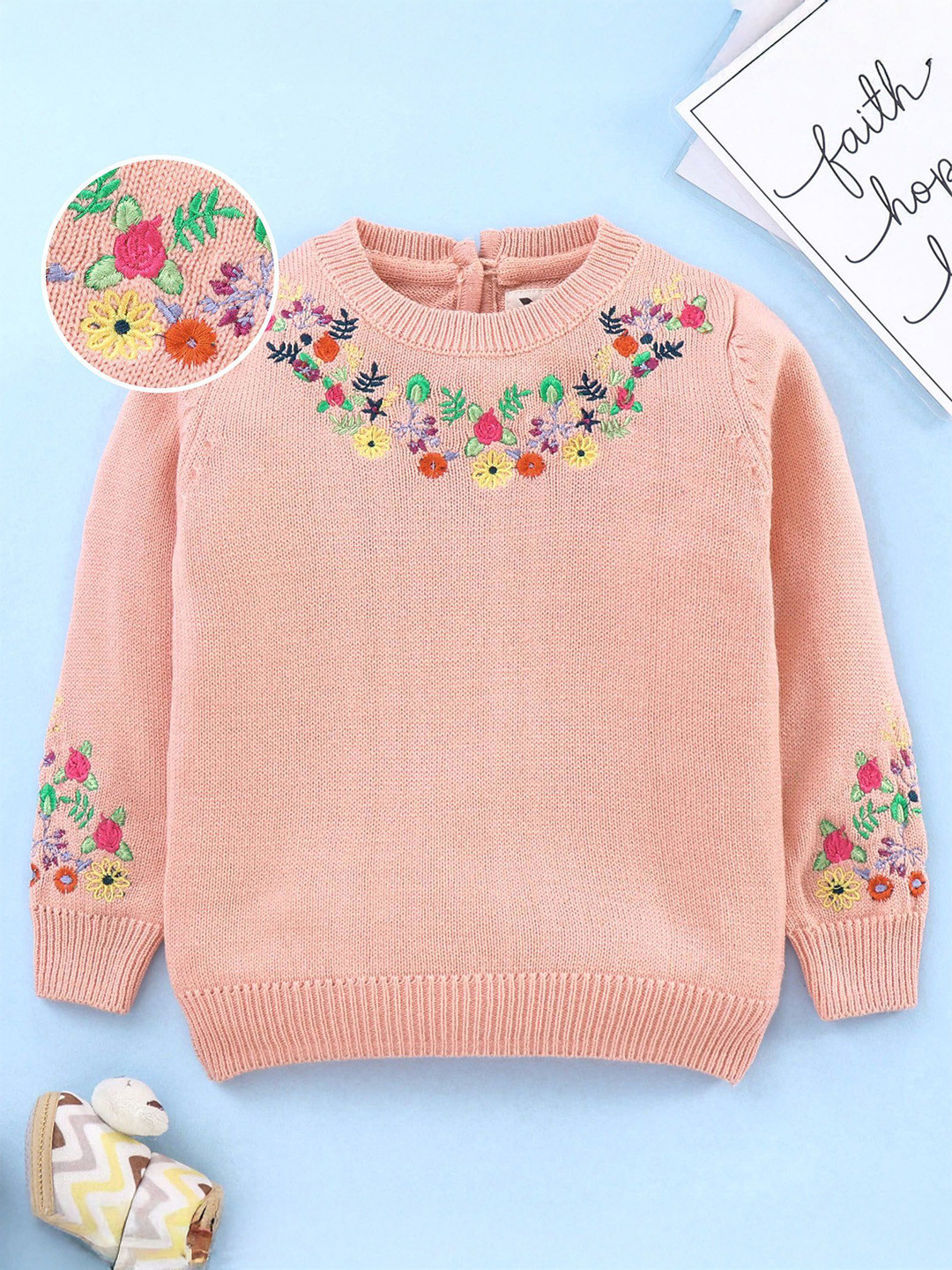 Yellow Apple Girls Floral Embroidery Full Sleeve Round Neck Pullover