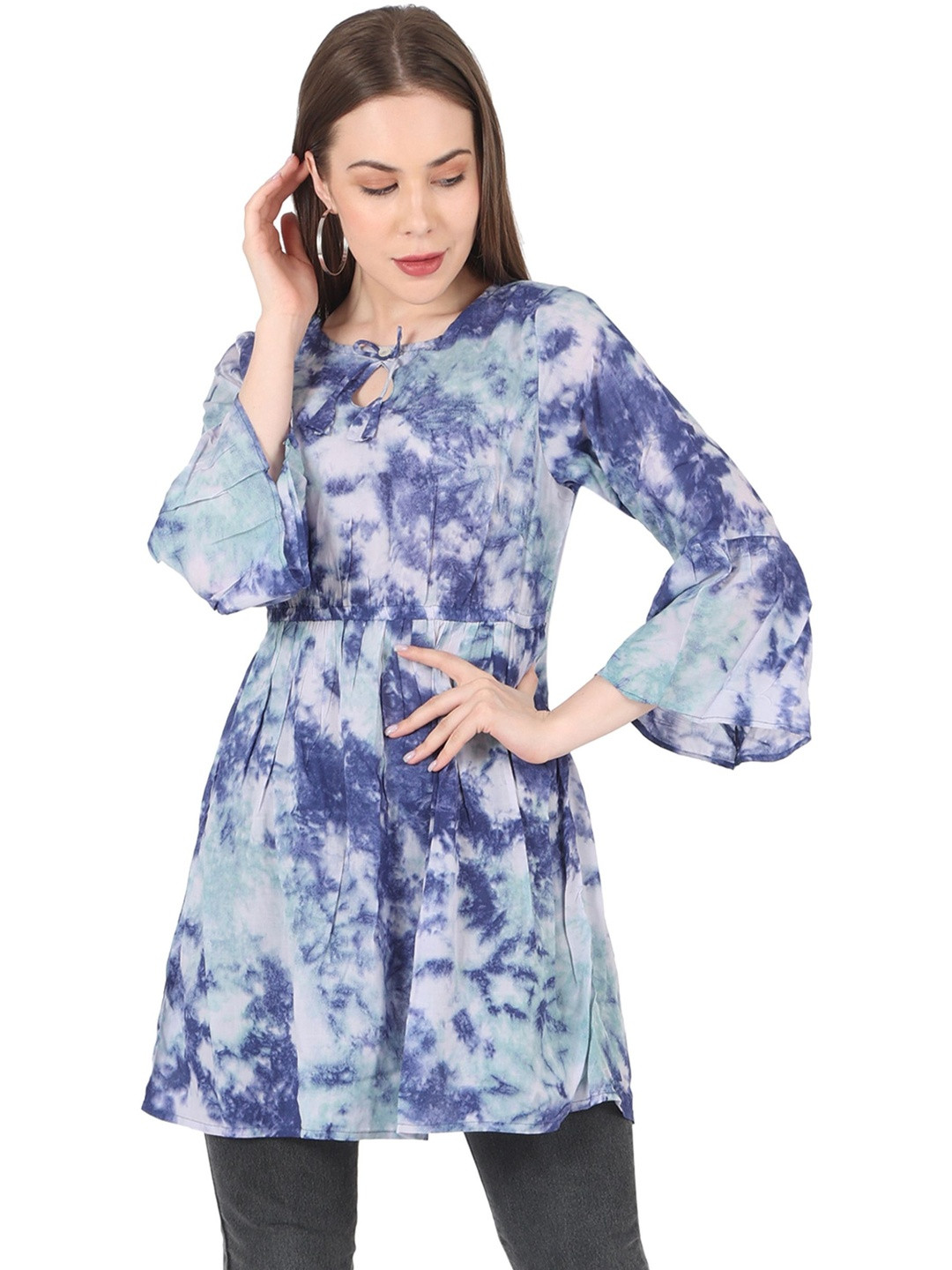 MJ LIFE STYLE Tie and Dye Print Bell Sleeve Cotton Top