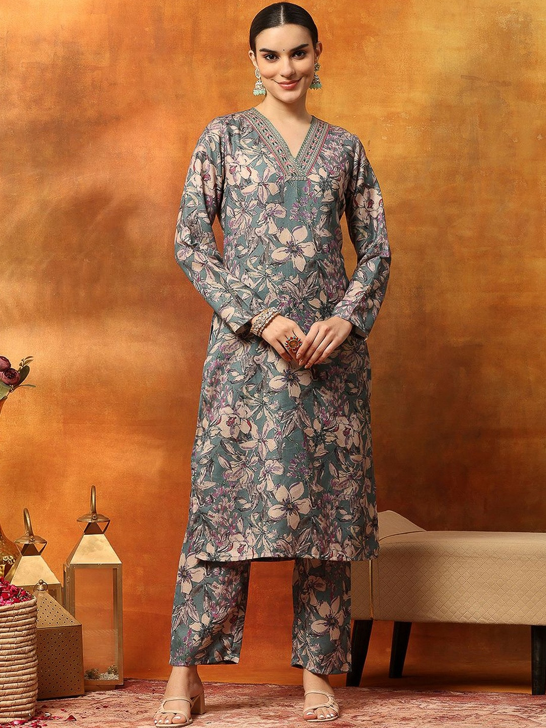 Nayam By Lakshita Women Floral Printed Thread Work Straight Kurta with Trouser Set