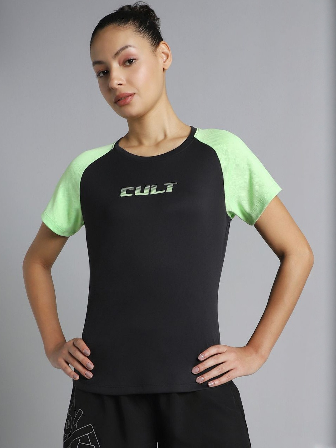 CULT Women Black Colourblock Training Recycled Poly T-shirt