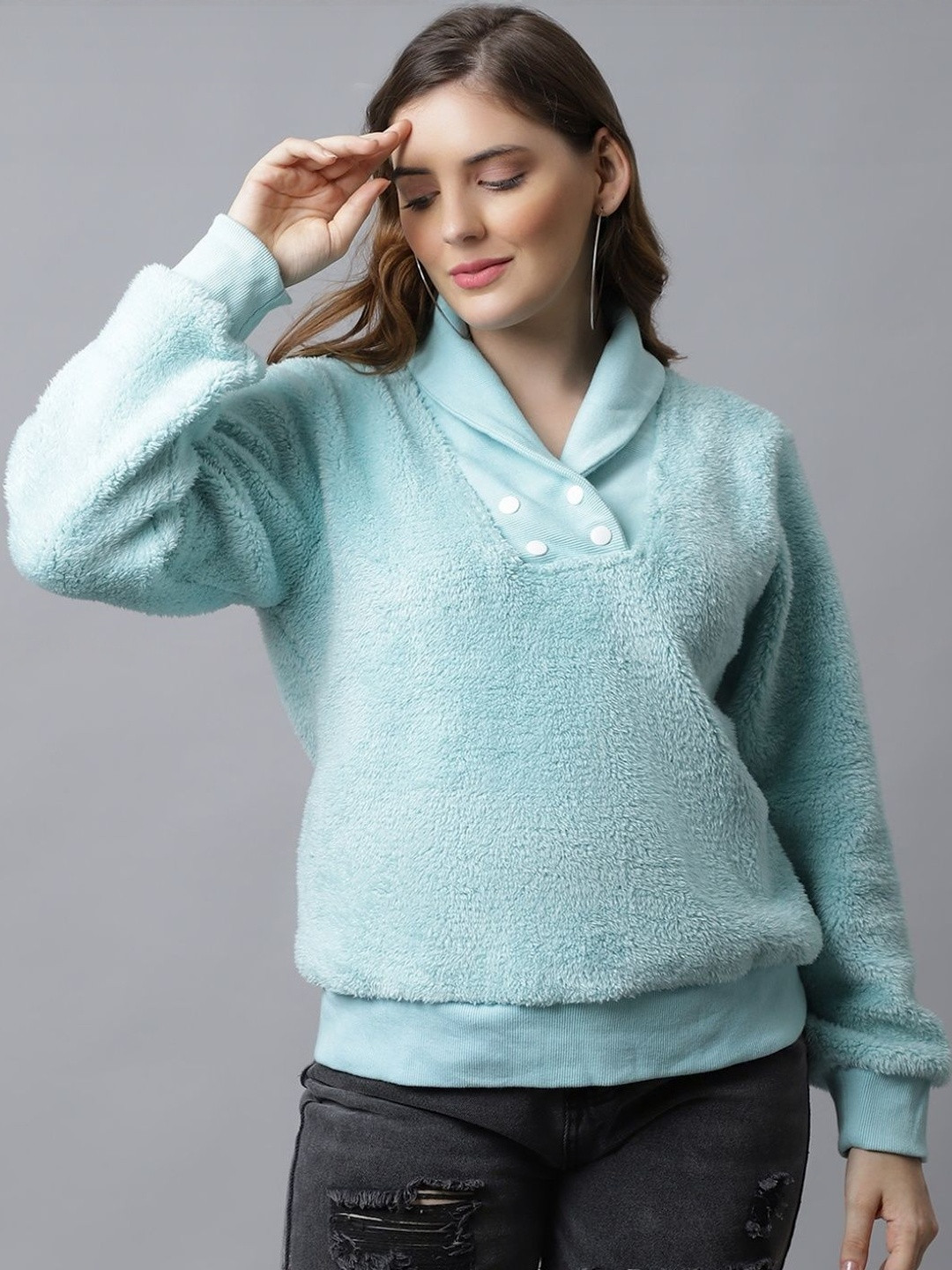 CORSICA Women Aqua Blue Solid Faux Fur Jacket