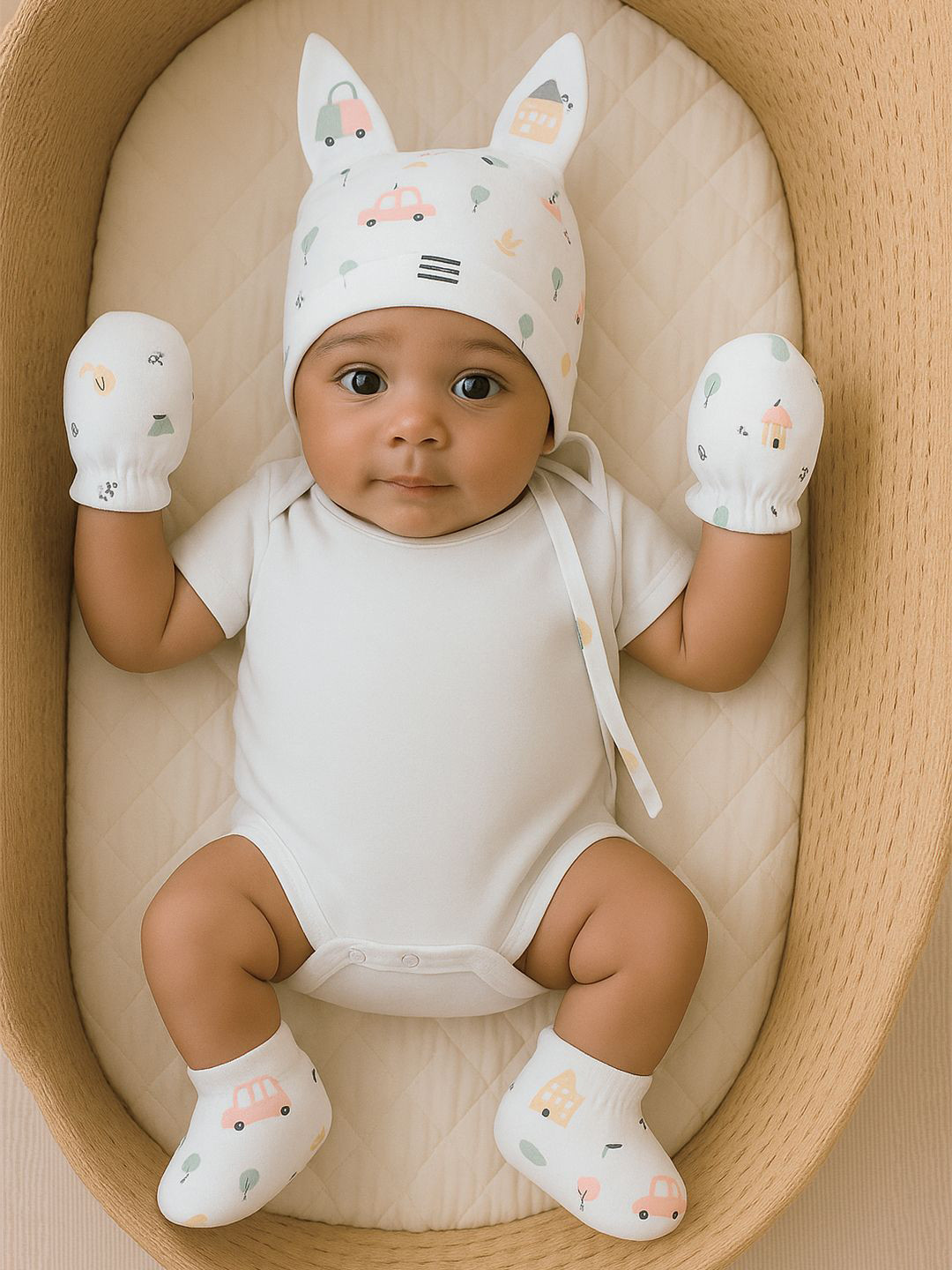 Nuego Kids Car Print Pure Organic Cotton Muslin Cap, Mittens, Booties