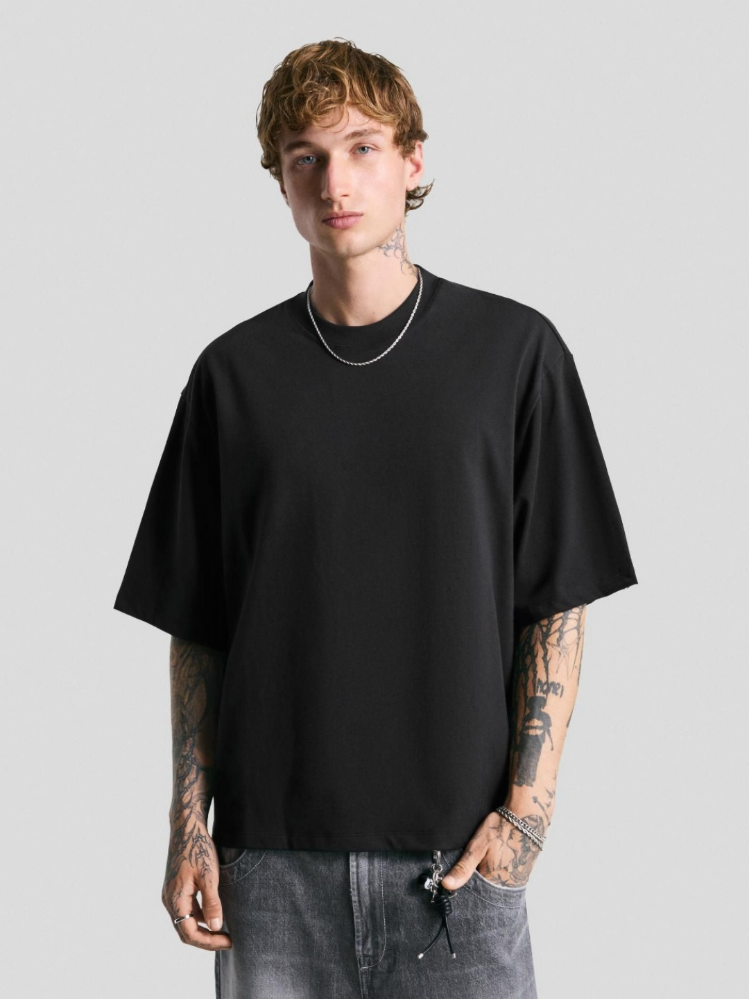 Bershka Drop-Shoulder Sleeves Round Neck T-shirts