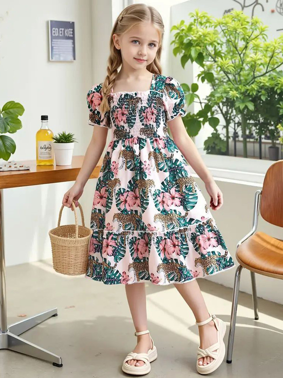 DANFORTH Girls Floral Printed Smocked Puff Sleeves Fit & Flare Midi Dress