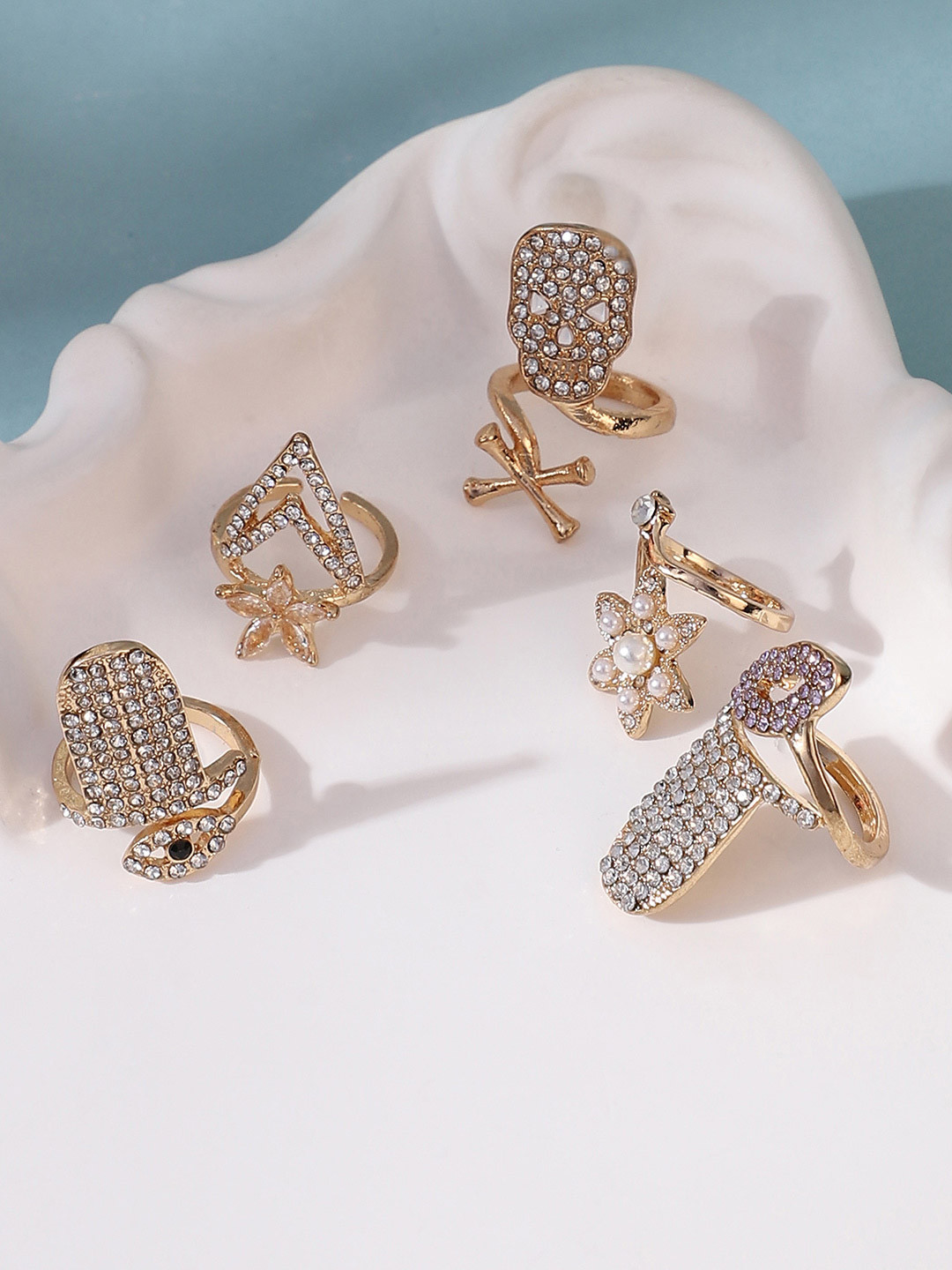 SOHI Set Of 5 Gold-Plated Stone Studded Bling-Bloom Nail Finger Rings