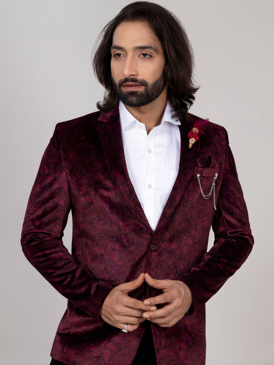 AEN FASHION Men Burgundy Printed Velvet Blazer
