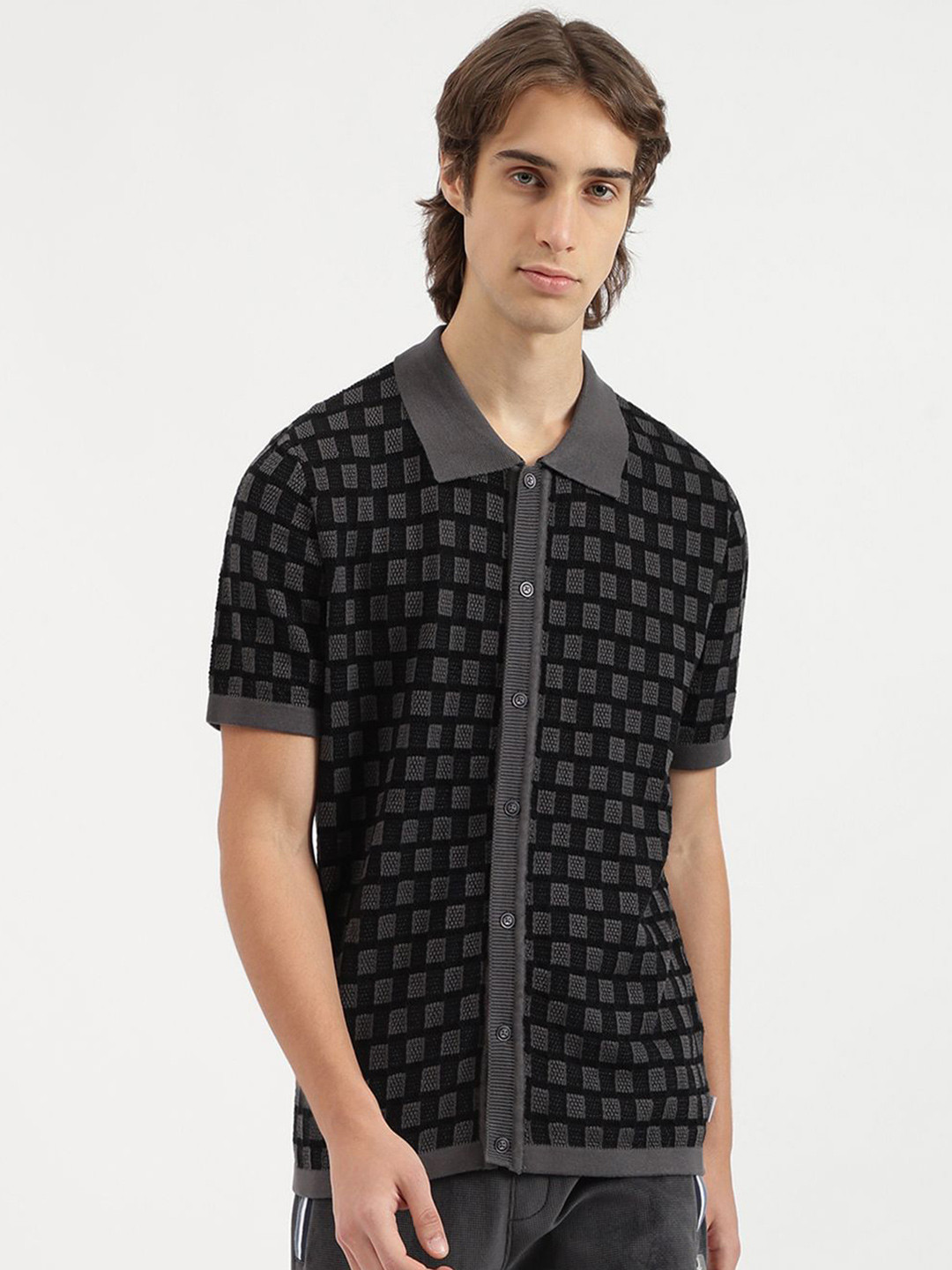 United Colors of Benetton Men Geometric Self Design Shirt Collar Cardigan
