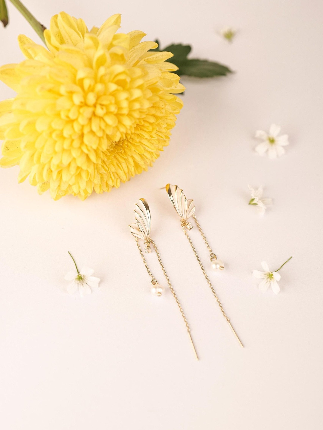 Nashira Stainless Steel Gold-Plated Leaf Shaped Tasselled Drop Earrings