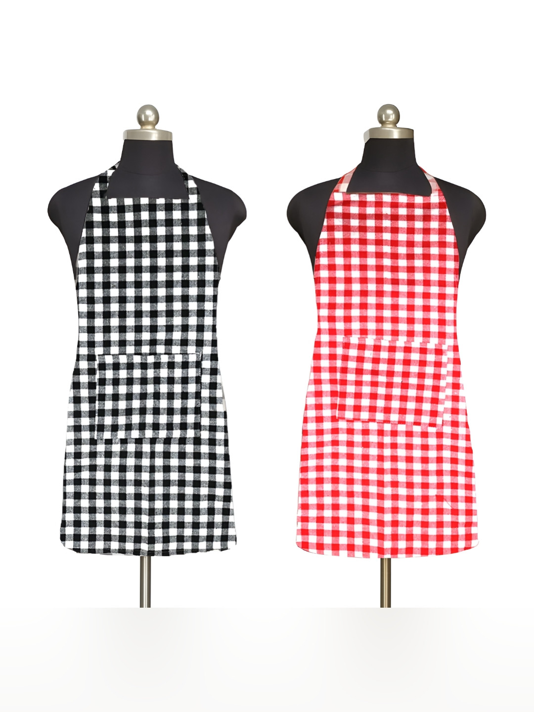 LINENSUTRA Pack Of 2 Black & Red Checked  Adjustable Aprons