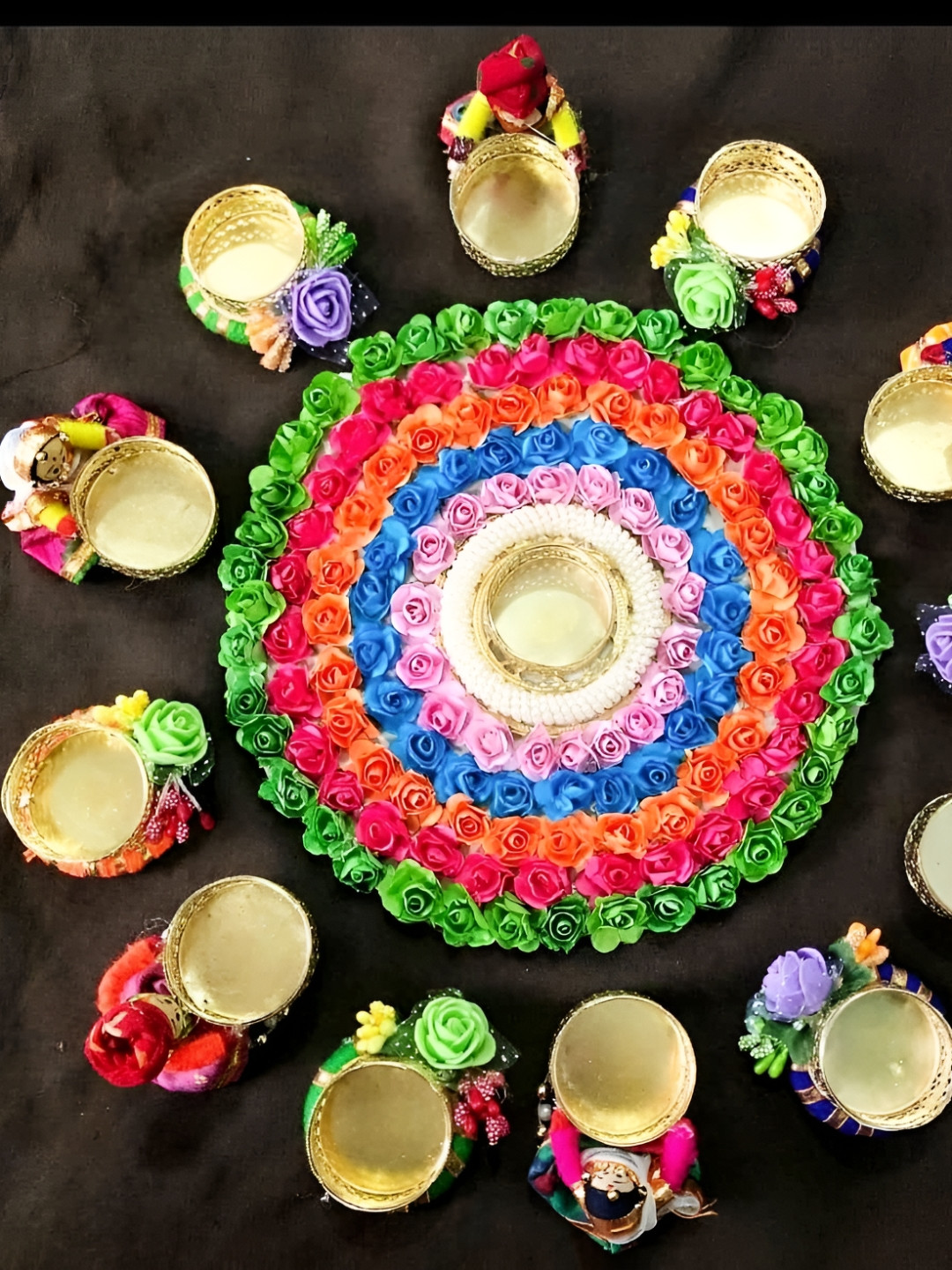 Sellplus Yellow & Pink 13 Pieces Decorative Puppet Flower With Moti Chudi Candle Holders