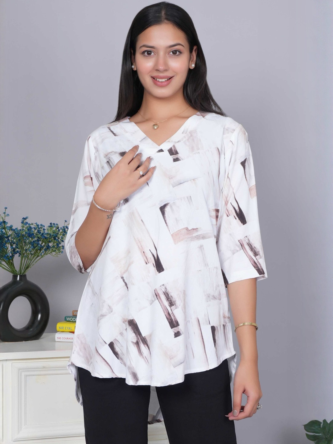 Mlada Women Abstract Printed High-Low RAYON PRINTED V NECK TOP