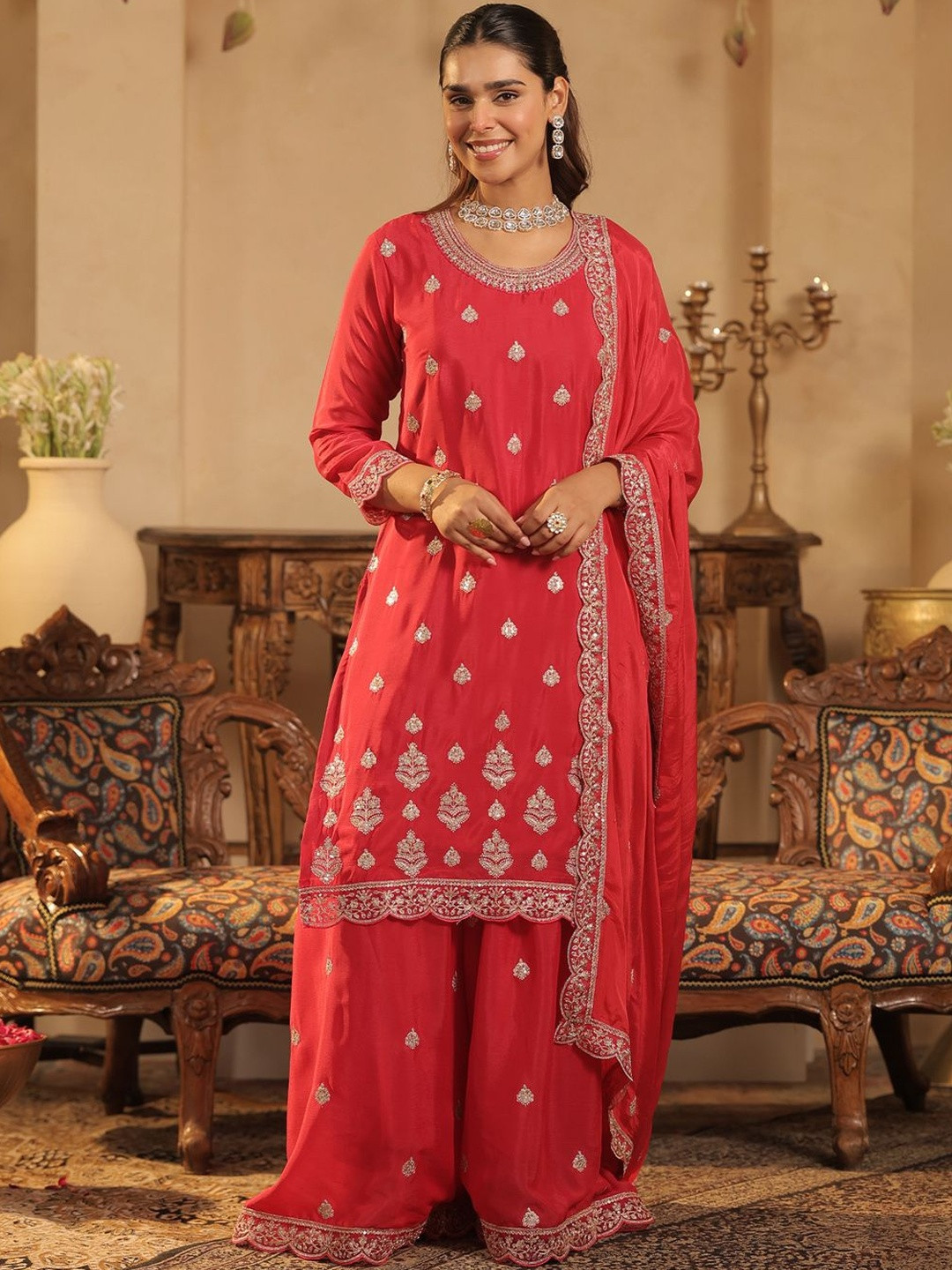Indo Era Ethnic Motifs Embroidered Straight Chinon Kurta & Palazzos With Dupatta
